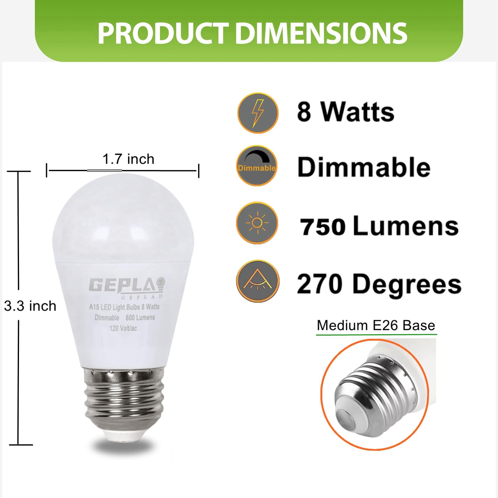 Geplad 6 Pack A15 Light Bulbs 60W Equivalent, 8W Led Refrigerator Bulbs,3000K Soft White, 750 Lm, E26 Medium Base,For Ceiling Fa