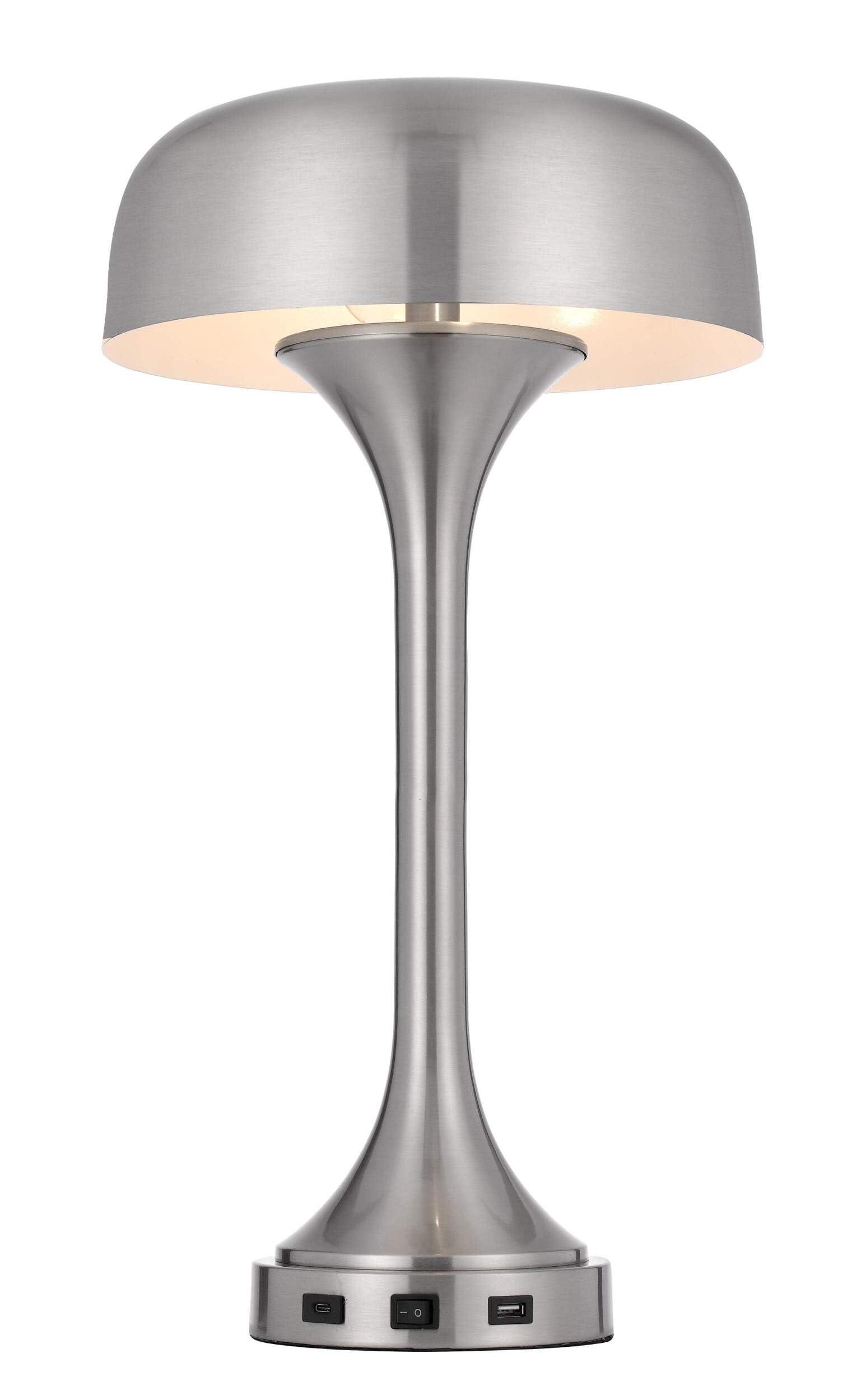 HomeRoots Table Lamp, Two Light USB, Nickel Metal, Dome Shade, Model 524740, 22 in.