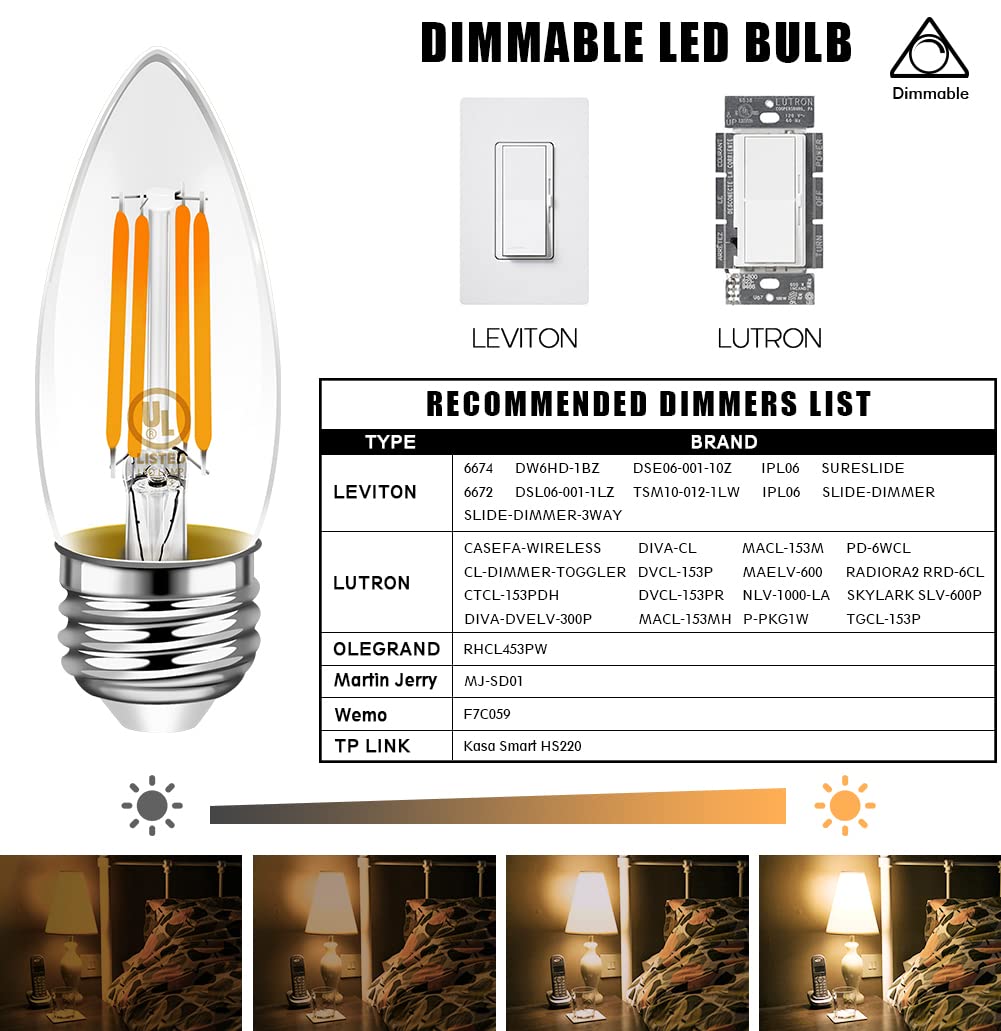 Emotionlite Led Light Bulbs, Dimmable Candelabra Bulbs, E26 Base, Warm White, Chandelier Light, Ceiling Fan Bulb, 40W Equivalent, 4W, 2700K, 350Lm, Ul Listed, 12 Pack