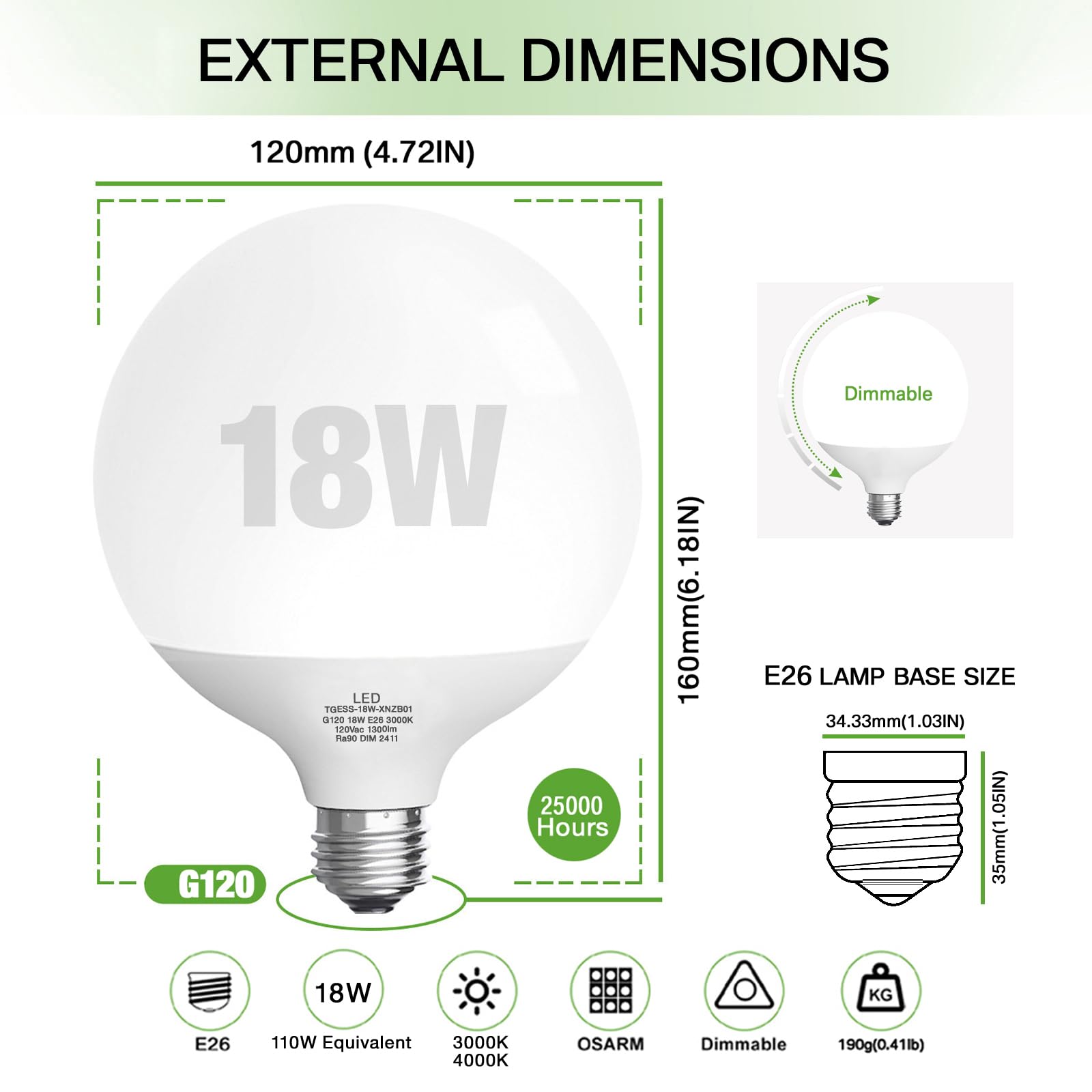 Jardhom G120 Globe LED Light Bulb, 18W Dimmable, 4000K Daylight, E26 Base, 1400 Lumen, Ideal for Home Decoration