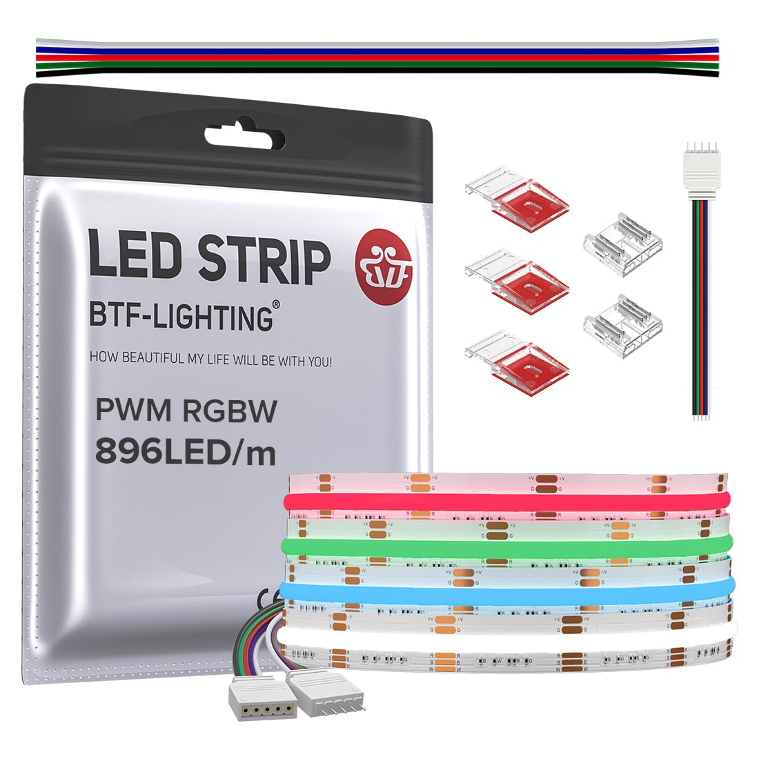 BTF-LIGHTING FCOB COB LED Strip RGBW 6500K 896LED/m 9.8FT DC24V Color Changing Flexible High Density Uniform Light 12mm Width fo