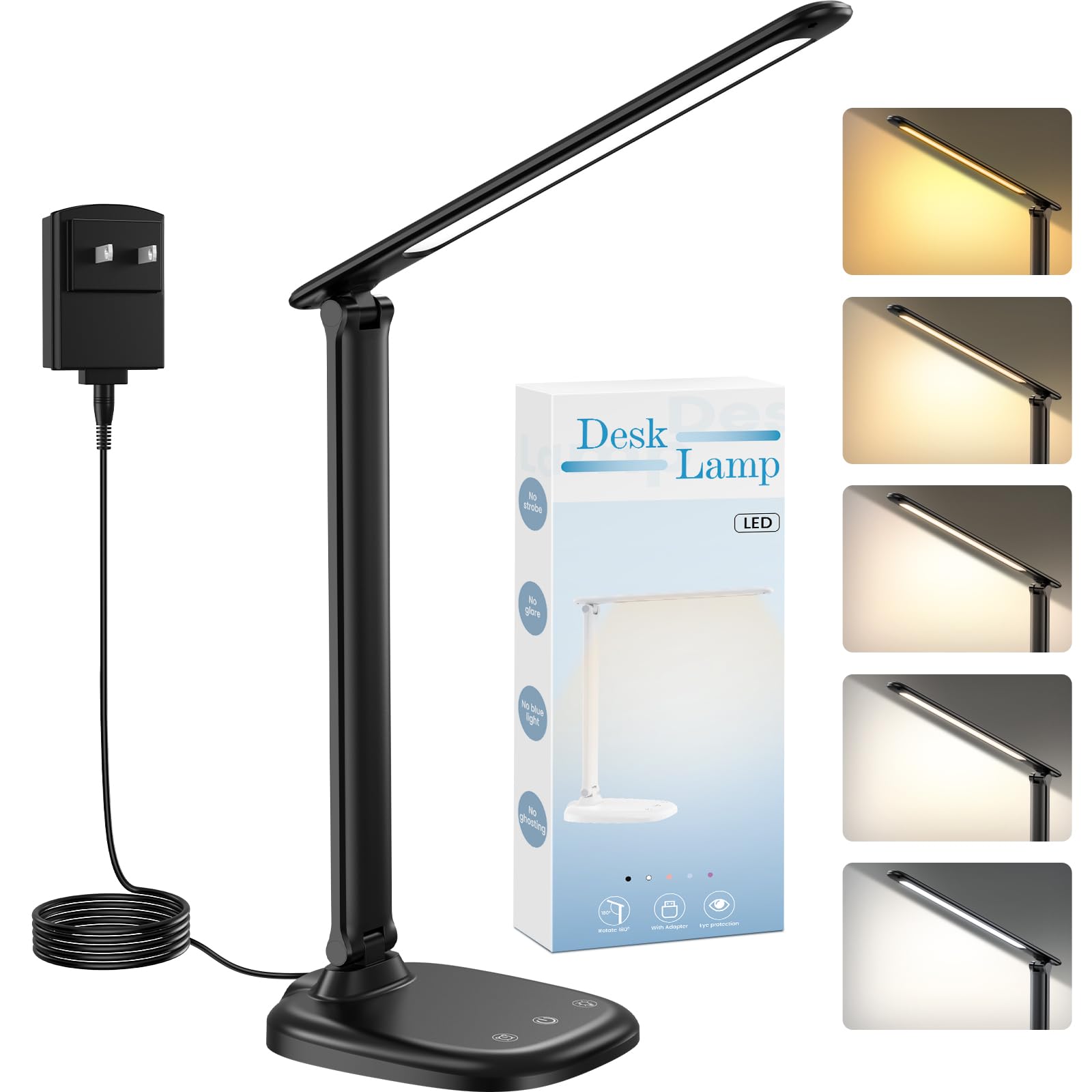 Desk Lamp with Charger, 10%-100% Stepless Dimmable & 5 Color Modes Study Lamp, Touch Control, 30-/60-minute Timer, USB Charging 