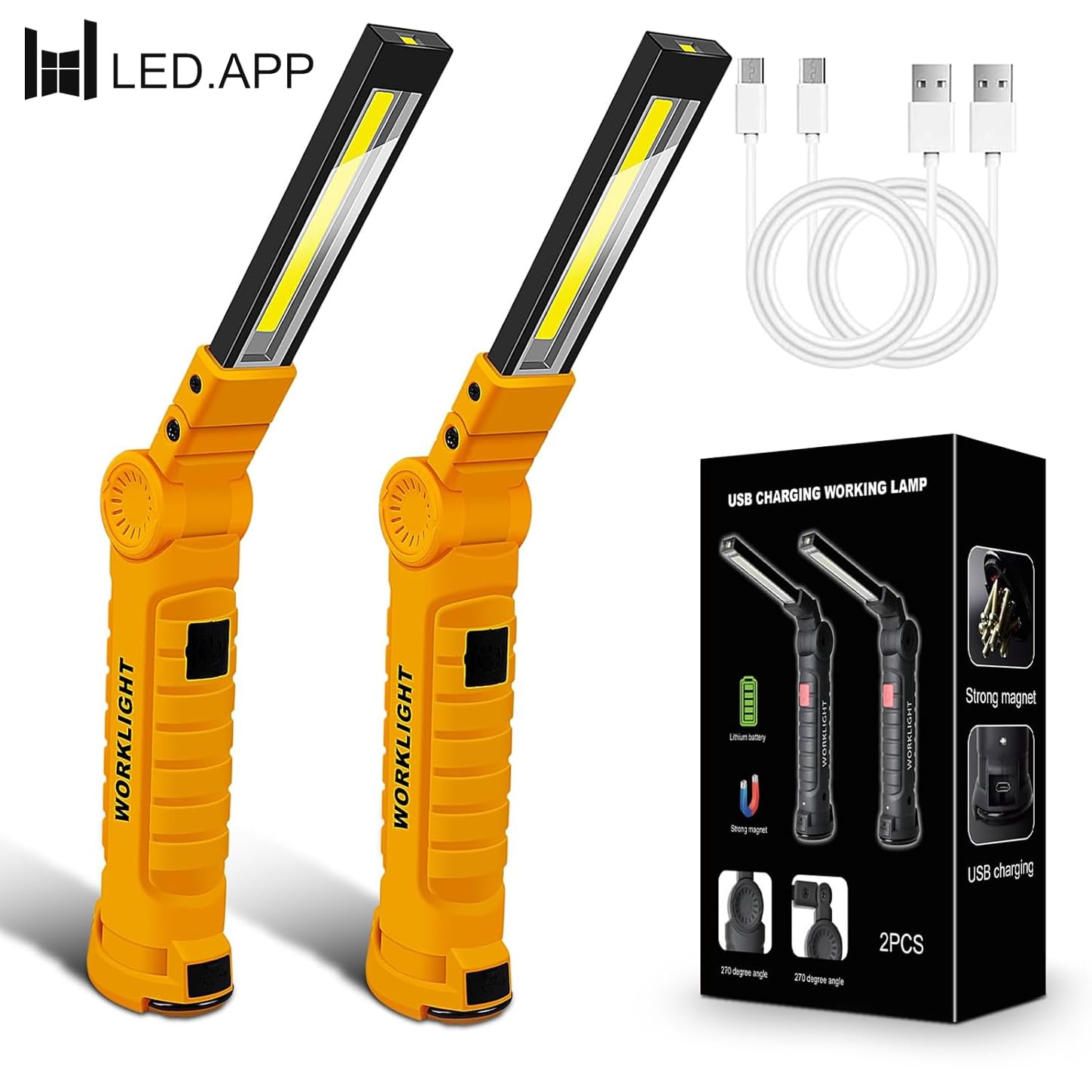2Pack LED Work Light, USB Rechargeable COB Light with Magnetic Base 360Rotate and 5 Modes, Folding Flashlight Inspection Light f