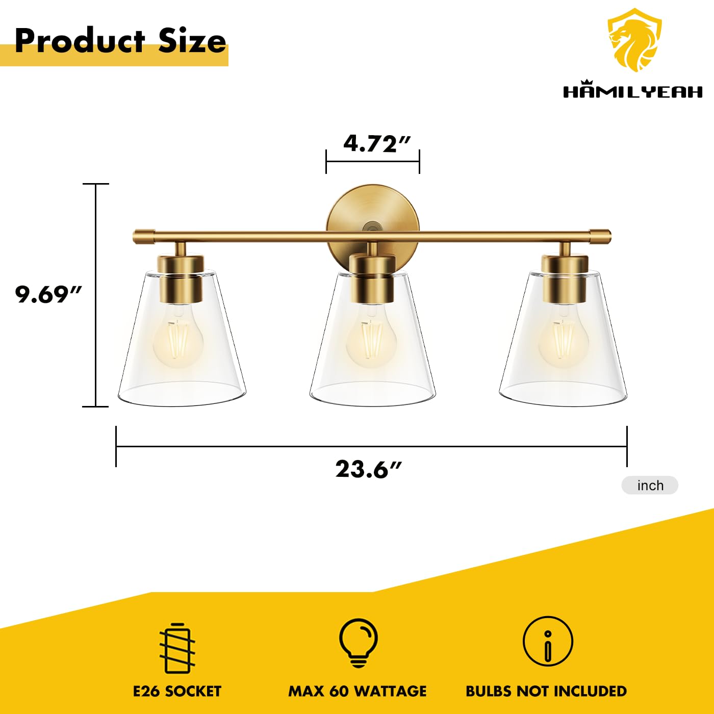 Hamilyeah Gold 3-Light Bathroom Vanity Light Fixtures with Clear Glass Shade, Industrial Style for Bath and Restroom