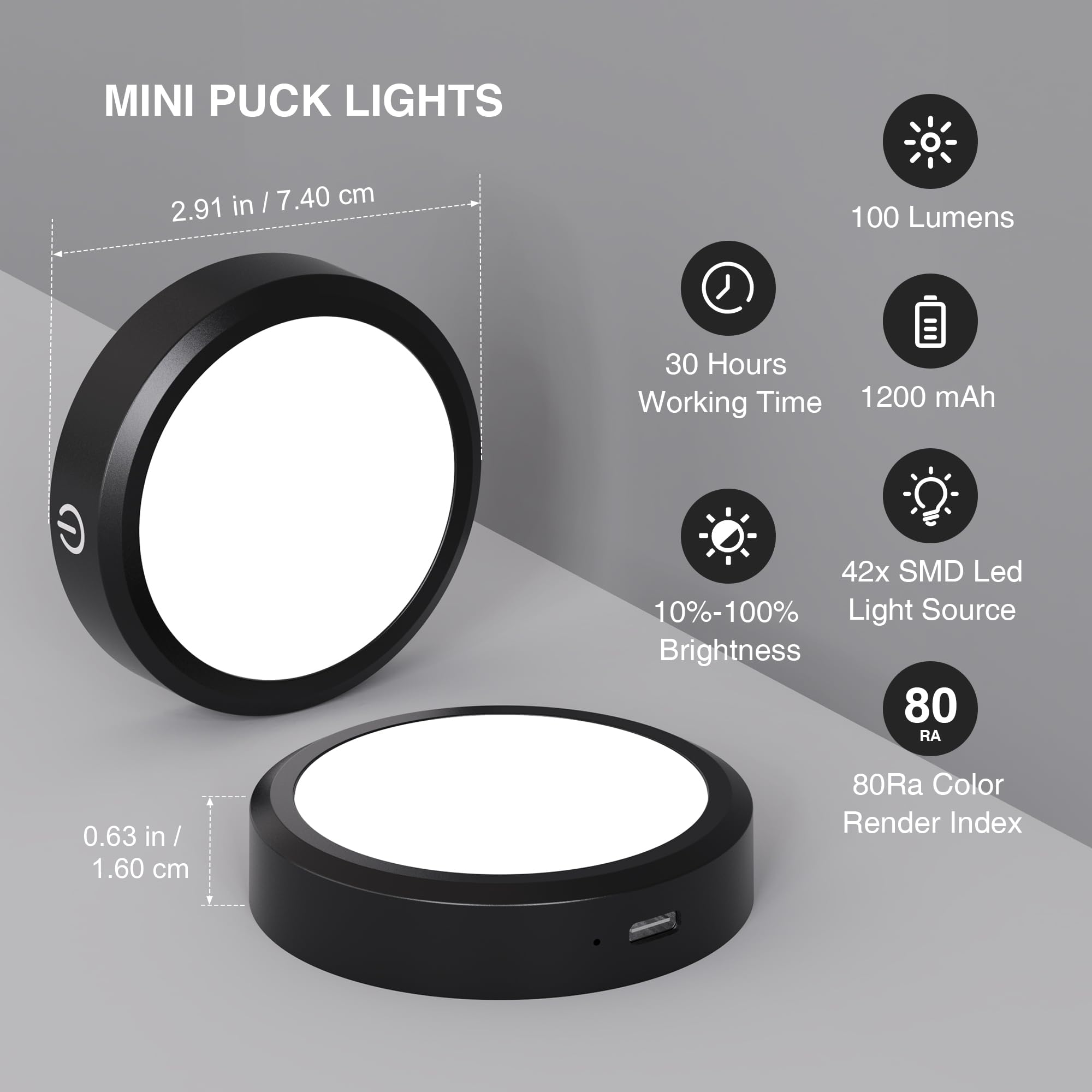 MICLIONLED Rechargeable Puck Lights, Remote Control, 3 Color Temperatures, 2 Pack, Black, Model M3-G17, Plastic, Under Cabinet Lighting