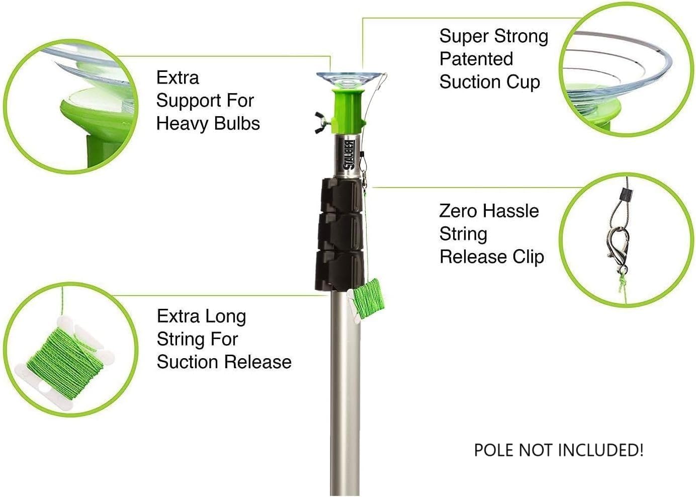STAUBER Bulb Changer - Large Suction, Green, No Pole, Aluminum, Model SBBC83