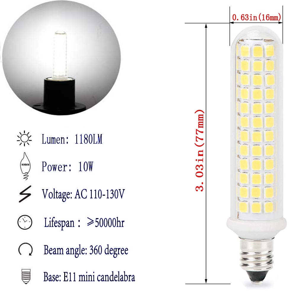 QHD E11 LED Bulb - 10W 1100lm, 125 LEDs, White 6000K, Mini Candelabra Base, 2 Pack