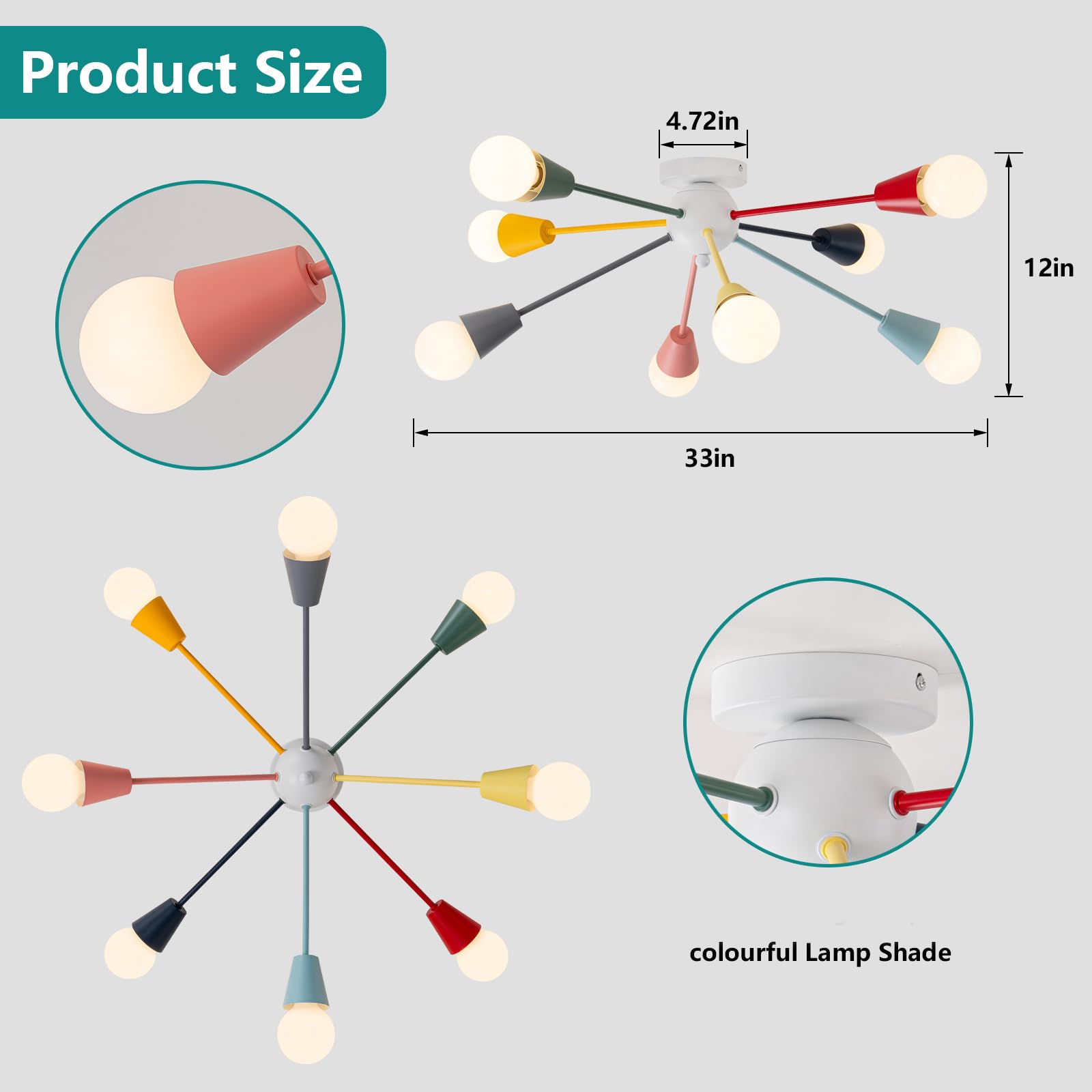 Ymlii 8-Light Modern Sputnik Chandelier, Multicolor Rainbow Semi Flush Mount Ceiling Light for Kids, Living Room, Dining Room, Bedroom