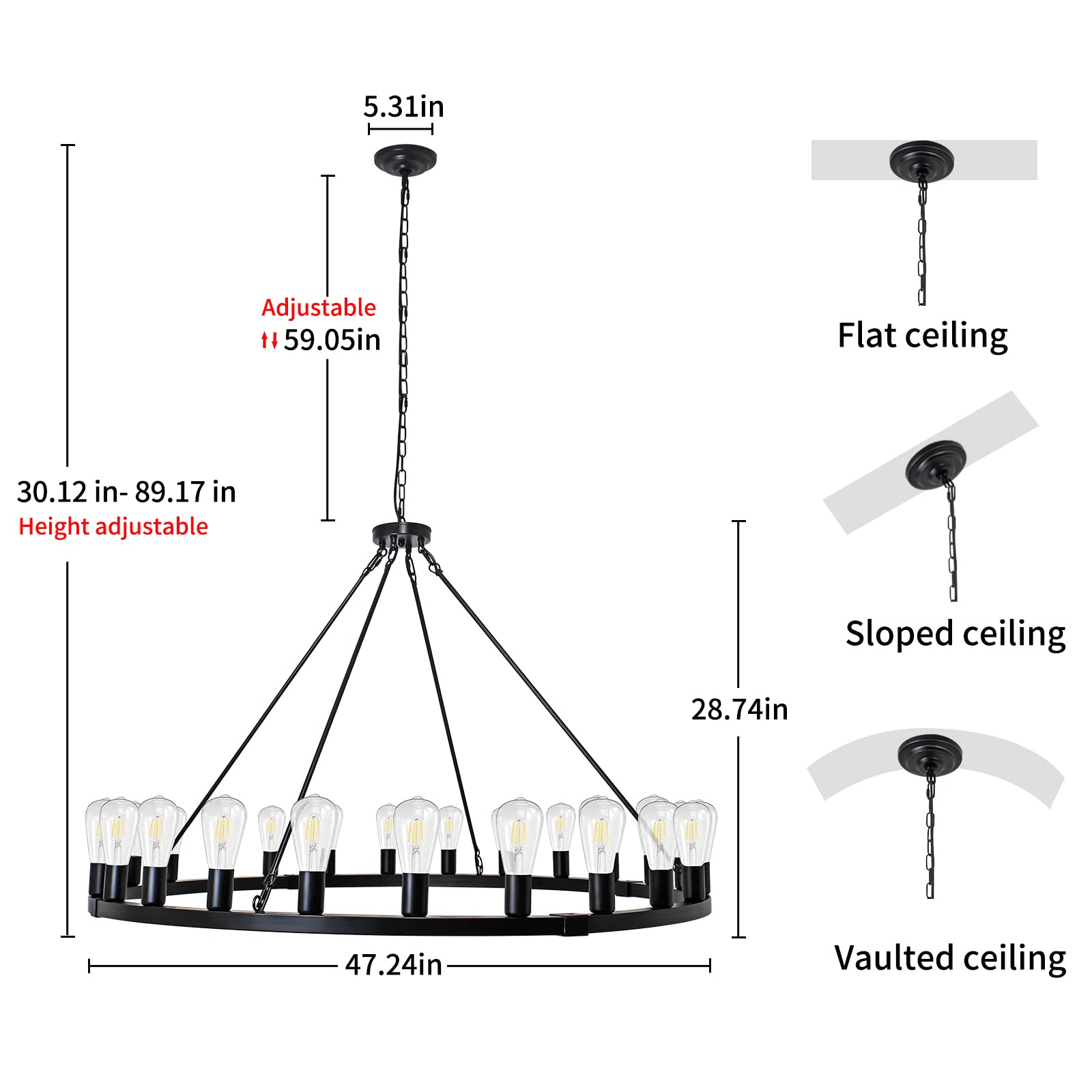 Rviezza Wagon Wheel Chandelier 24-Light 48-Inch, Black Round Rustic Farmhouse Chandelier Extra Large For High Ceilings, Dining R