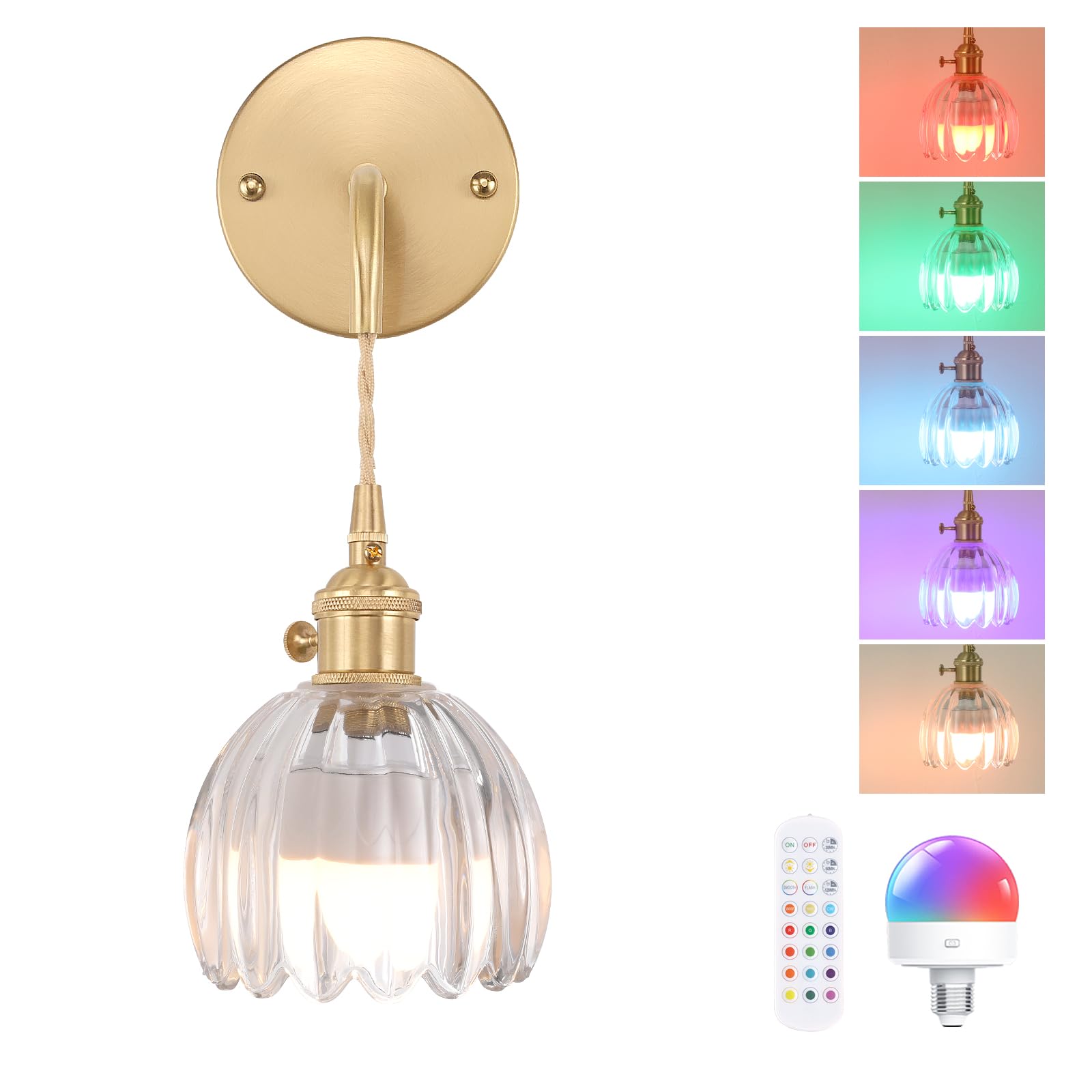 Shenmoyl Wall Sconce - Battery Operated, Brass, Tulip-Clear Shade, Adjustable Chain, Model 1-938, Indoor Light Fixture