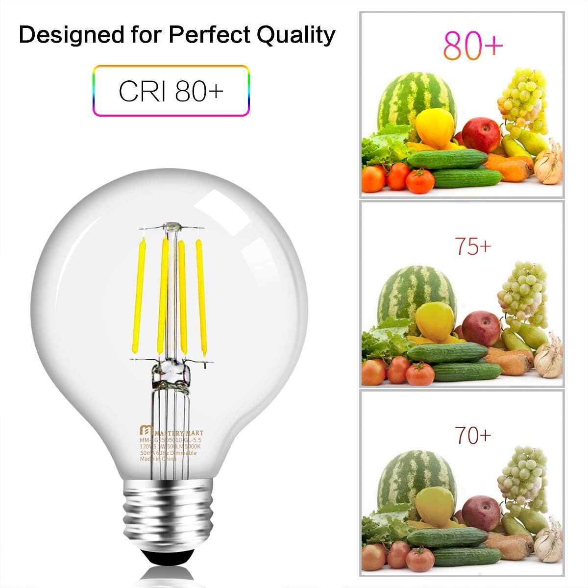 Mastery Mart G25 Globe Light Bulbs, Dimmable, E26 Base, 60W Equivalent, 5.5W Led, 5000K Daylight White, Vintage Filament For Bat