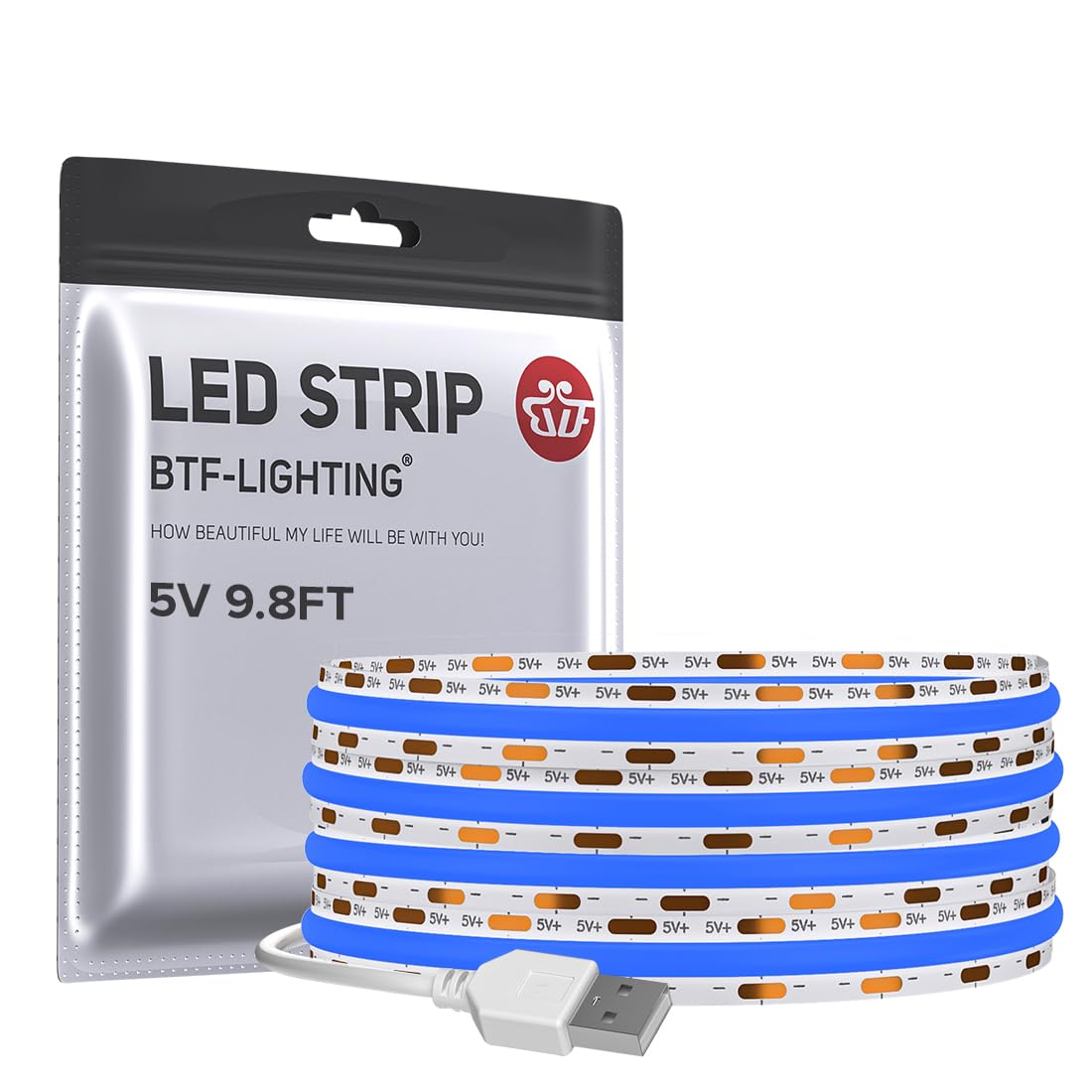 BTF-LIGHTING FCOB USB Powered Blue Color COB LED Band Lights 9.8FT 960LEDs 5V 8mm Width 90+ High CRI Ultra Bright Flexible Light for TV Backlight Display Cabinet PC DIY Decor