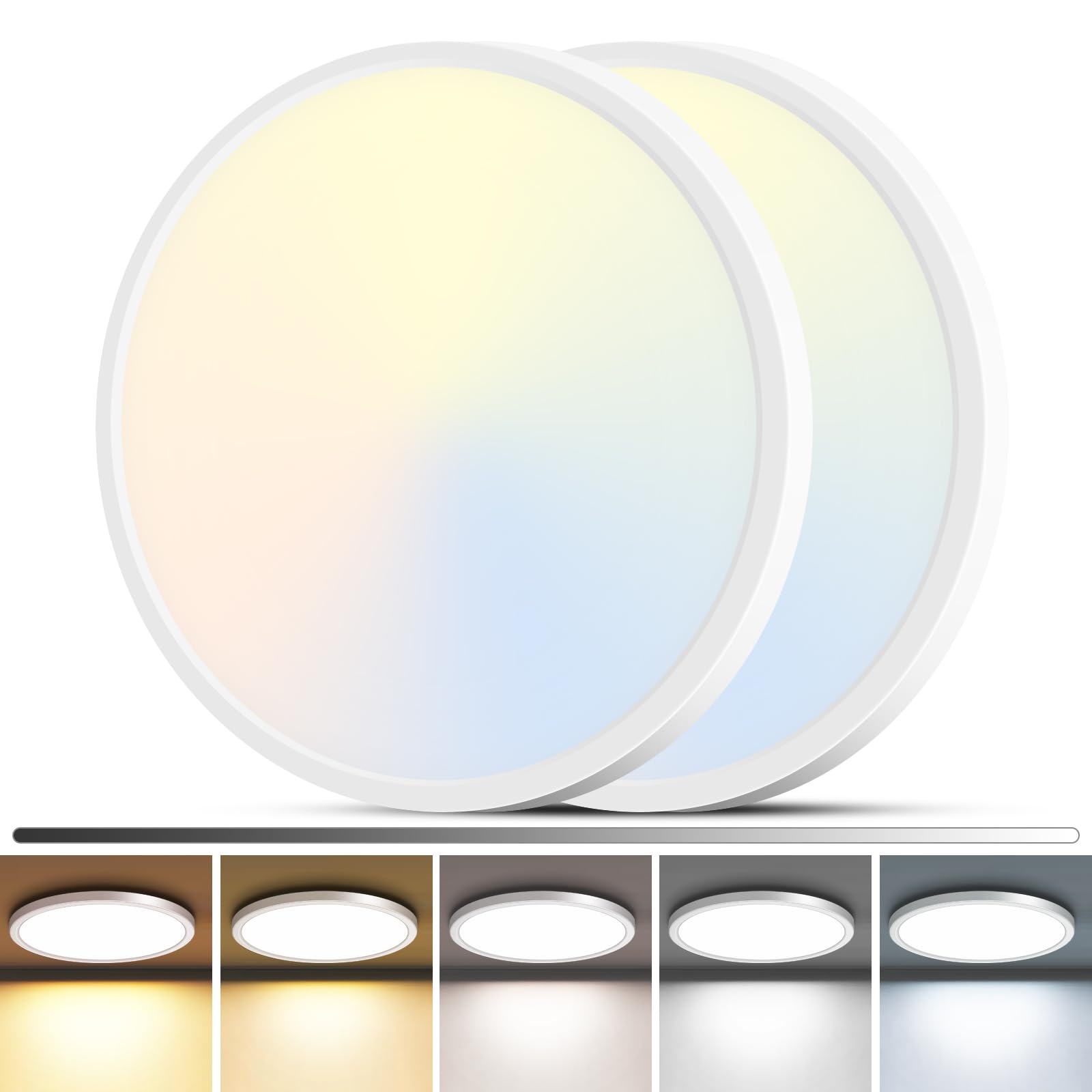 zemty 2Pack LED Flush Mount Ceiling Light  12Inch 24W Dimmable Ceiling Lights Fixture  5 Color Temperatures (3000K-6500K) White Round Ceiling Lamp for Bedroom  Kitchen  Hallway Bathroom