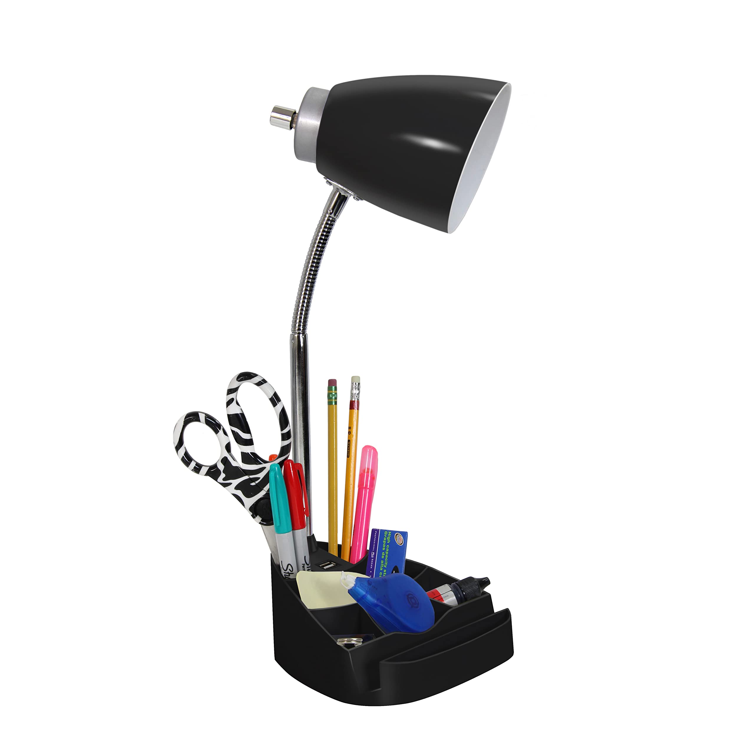 Simple Designs Ld1056-Blk Gooseneck Organizer Desk Lamp With Ipad/Tablet Stand Or Book Holder And Usb Port, Black