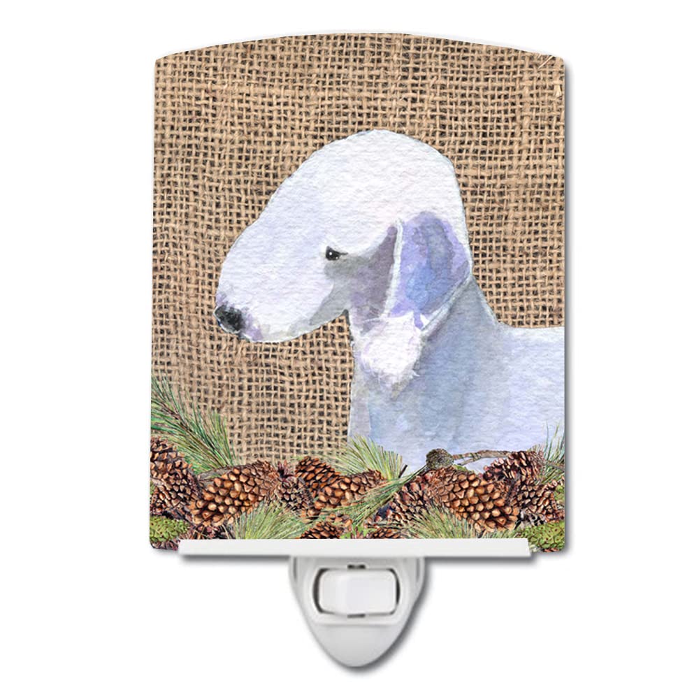 Caroline'S Treasures Ss4074Cnl Bedlington Terrier On Faux Burlap With Pine Cones Ceramic Night Light Compact, Ul-Certified, Ideal For Bedroom, Bathroom, Nursery, Hallway, Kitchen, 6X4X3, Multicolor