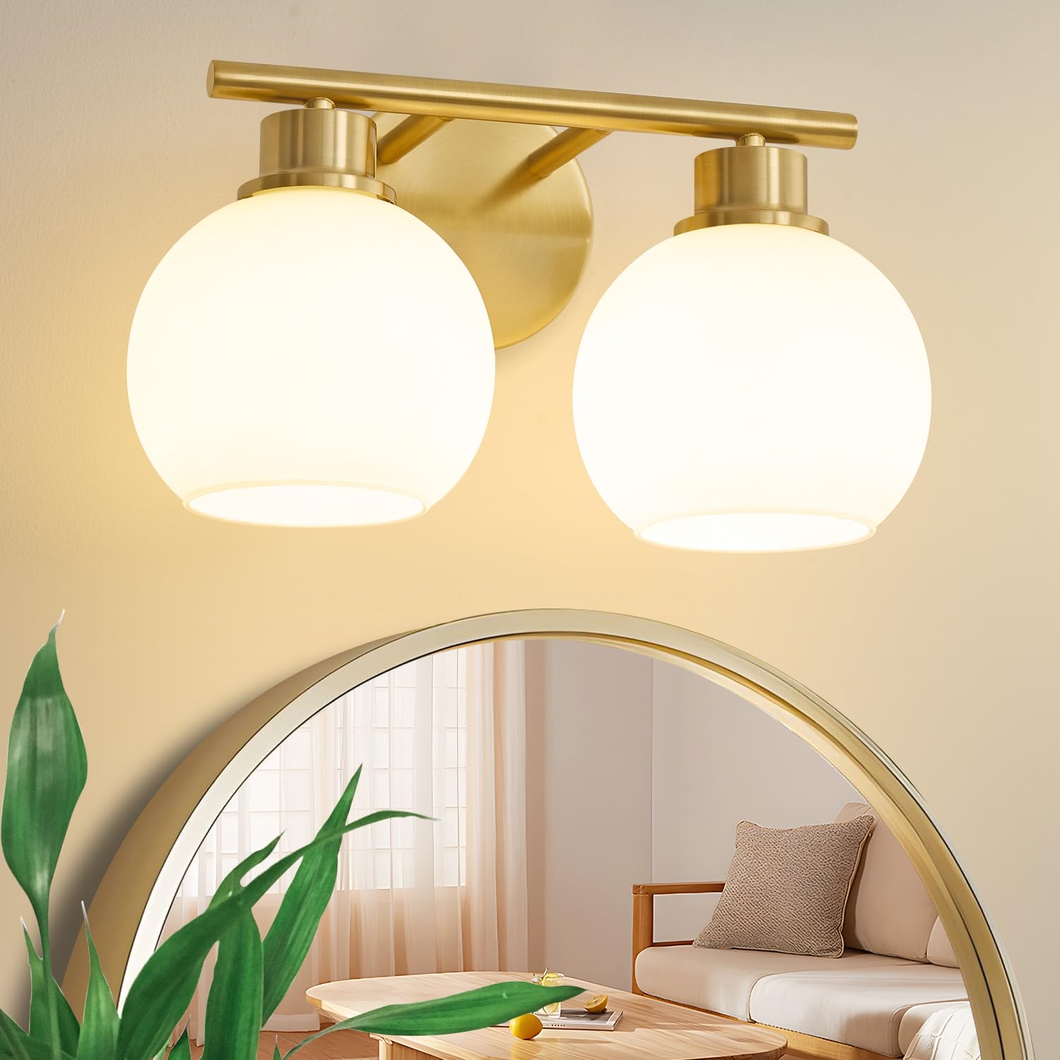 Lanmate Bathroom Vanity Light Fixtures 2-Lights Gold Bathroom Lighting Fixtures Over Mirror With Milk White Glass Shade 13.8 Inc