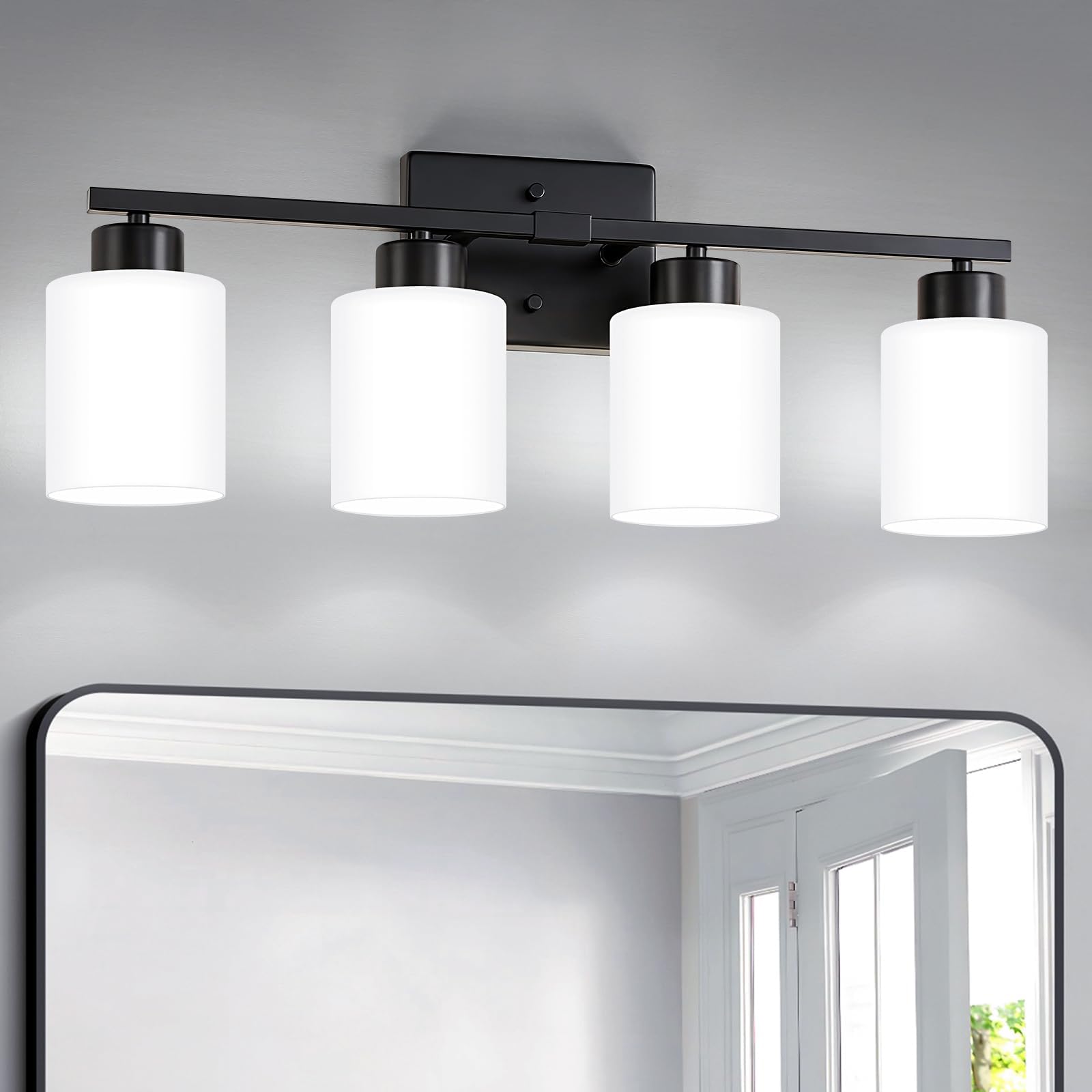 Fonmyim Black Bathroom Light Fixtures, 4-Light Modern Vanity Light Over Mirror, Wall Sconces With Milky White Frosted Glass Shad
