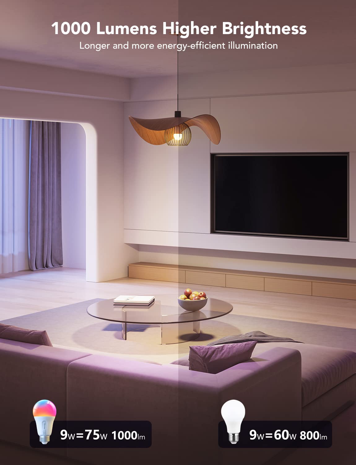 Govee LED Smart Light Bulbs, 1000LM, Wi-Fi & Bluetooth, Dimmable RGBWW, A19, 4 Pack, Multi-colored, Model H6006