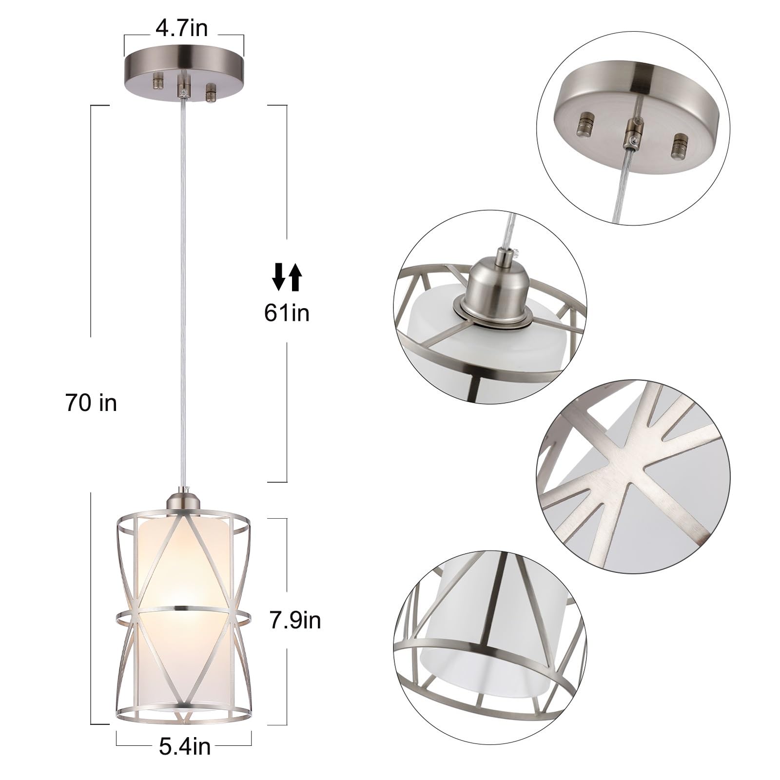 Zlierop Modern Pendant Light A93, Frosted Glass & Metal, Nickel, 5.4" x 7.9", Ideal for Kitchen Island, Dining Room, Foyer