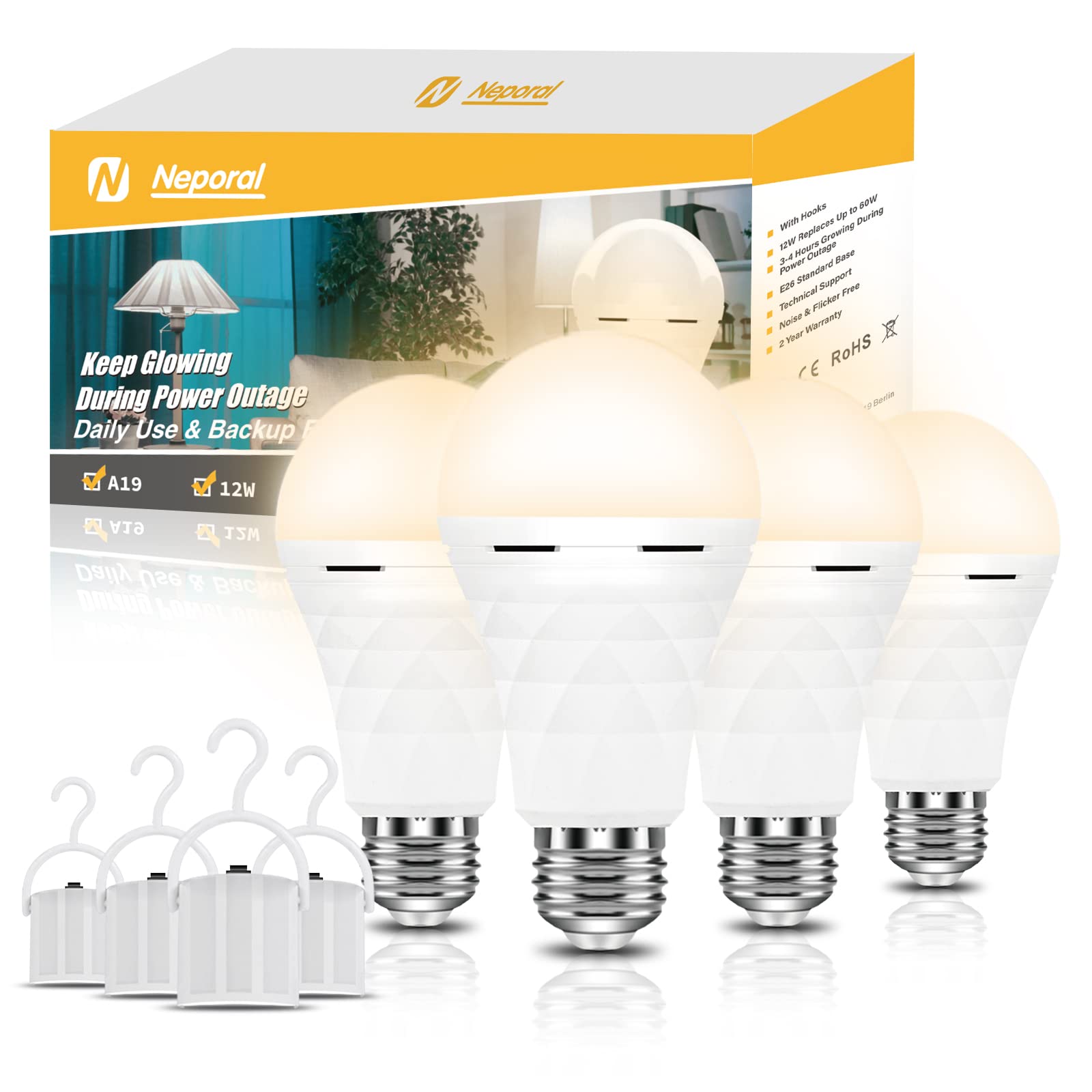 Neporal A19 Rechargeable Light Bulbs, Emergency Lights For Home Power Failure, Led Bulb 60 Watt Equivalent, 3000K Soft White Bul