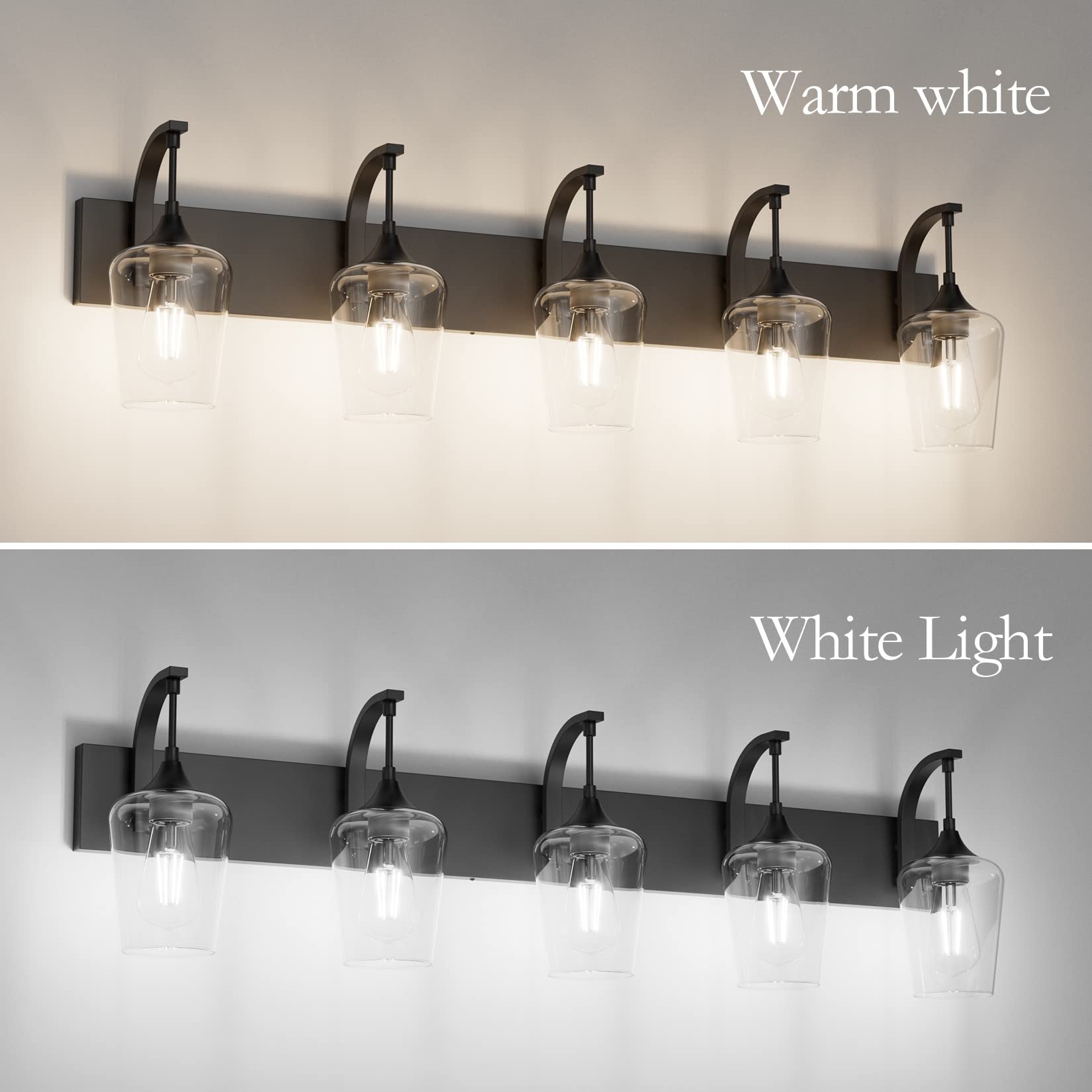 Ralbay 5-Light Matte Black Bathroom Vanity Light Fixture, Clear Glass, 42.5 inch, Industrial Style, Model 1131rablay