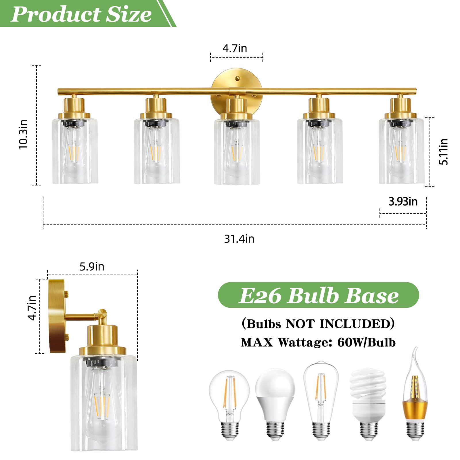 Guliaofo 5-Light Gold Bathroom Vanity Light Fixture, Metal Wall Lamp, Modern Design, Model Gu-111-QGJ-5