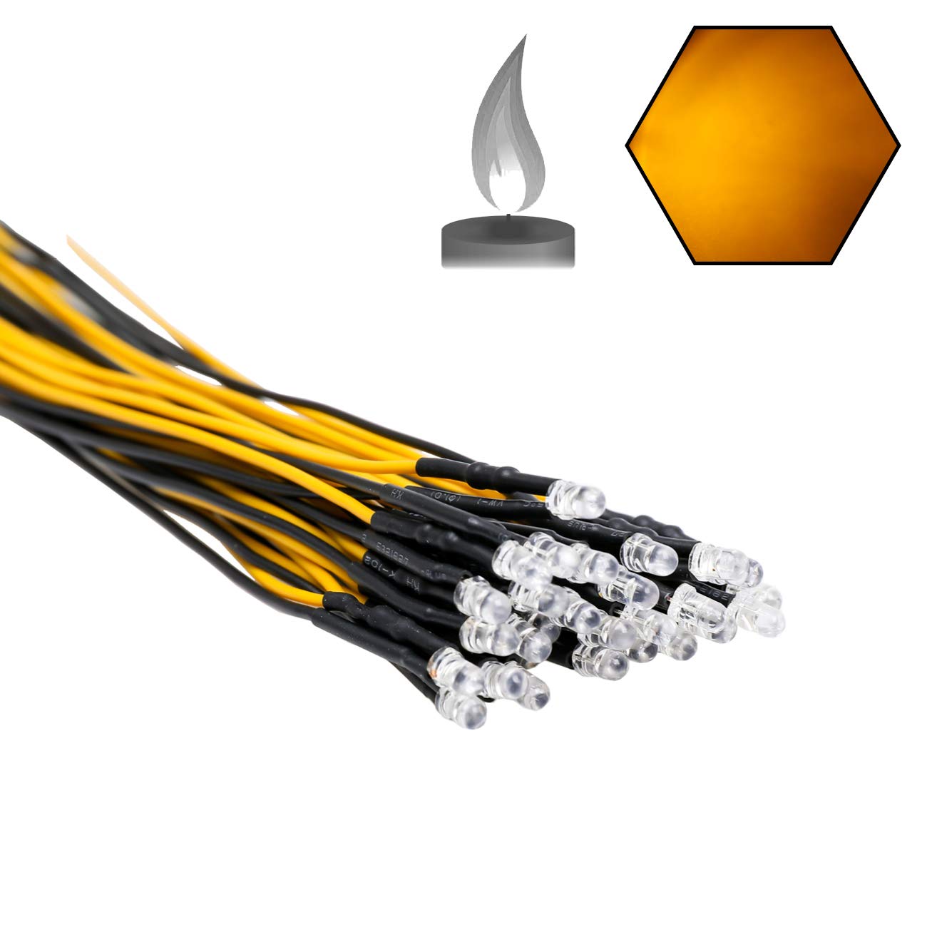 EDGELEC 30pcs 12V Yellow Flicker LED Lights, Pre-Wired, 3mm, Clear Lens, Candle Flickering Effect