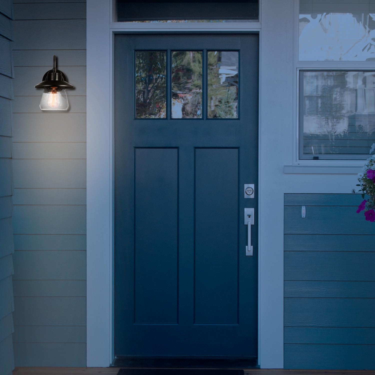 Globe Electric 60000012 1-Light Outdoor Wall Sconce, Matte Black, 7 Seeded Glass Shade, Curved Stem, Porch Light, Wall Lights Fo