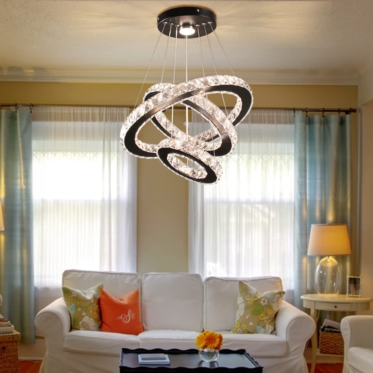 diisunbihuo Dimmable LED Crystal Chandelier 3 Rings Adjustable Height Black Pendant Light for Dining Room, Bedroom, Living Room