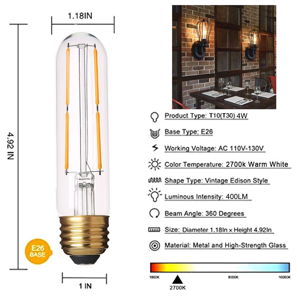 Yfxrlight Dimmable T10 Led Bulbs Warm White 2700K Led Tubular Edison Light Bulbs 4W Tube Vintage Led Bulbs 40 Watt Equivalent,E2