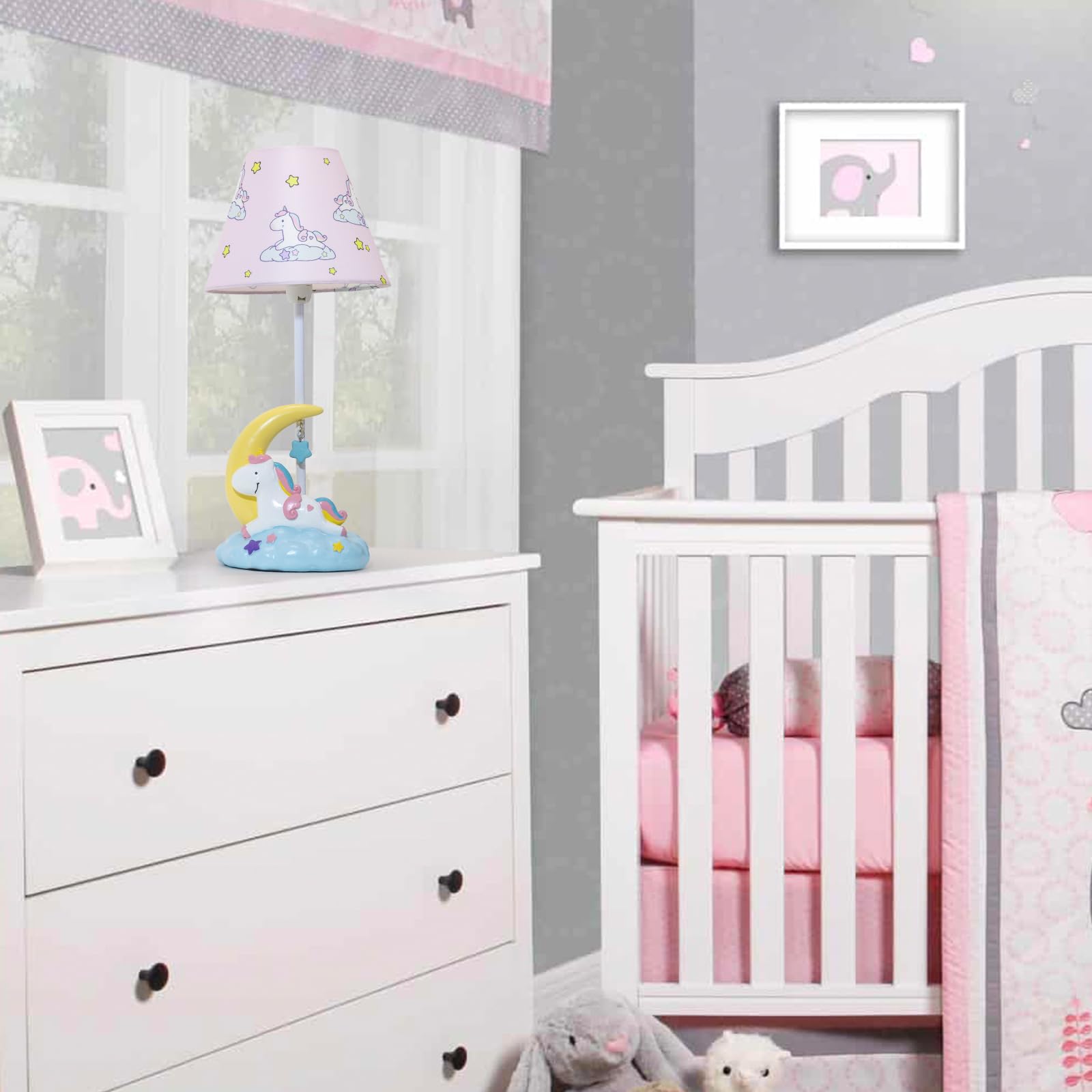 HERBESTBAY Kids Table Lamp, Moon Unicorn Design, 16 Inch Pink Bedside Lamp with LED Bulb, Ideal for Girls Bedroom Decor