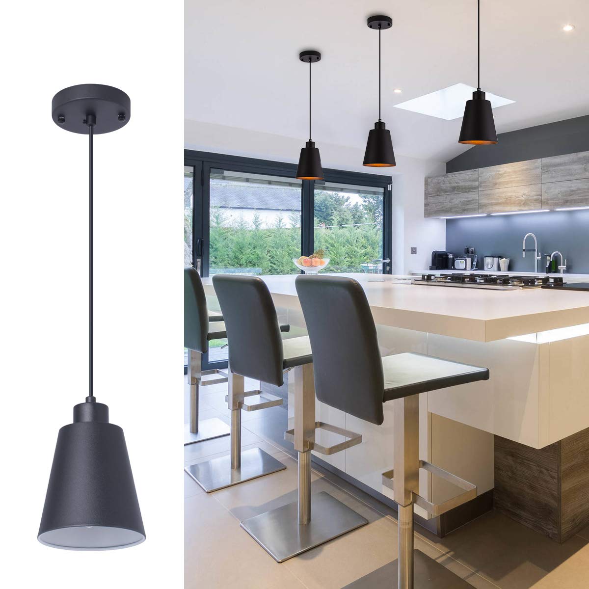 FISGONI Modern Black Pendant Light Fixture, 3-Pack, Mini 1-Light, Metal, E26, MAX 60W, Industrial, Kitchen Island, Dining Room
