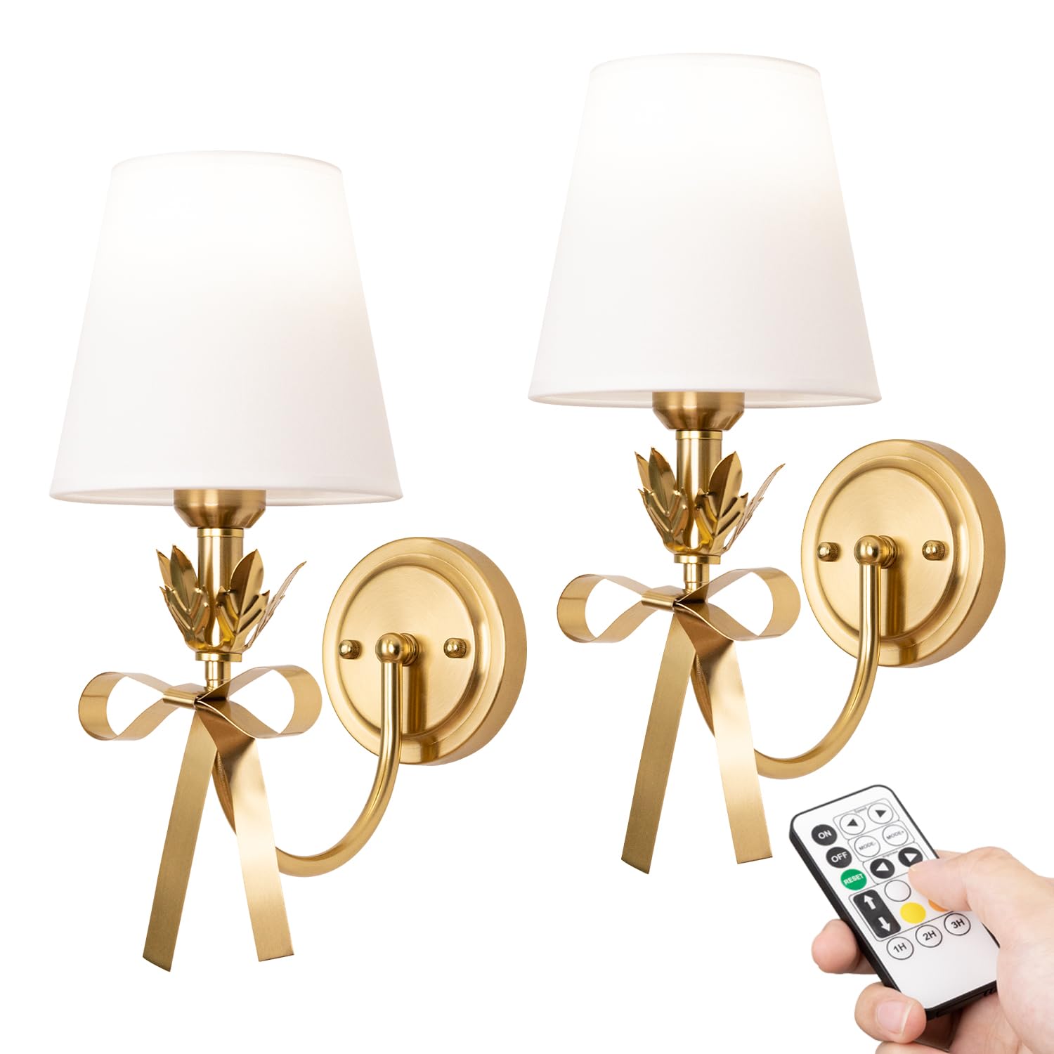 Adust Battery Operated Wall Sconce Set of Two, Antique Brass Bow Wall Sconces Remote Control Dimmable Rechargeable LED Light Bul
