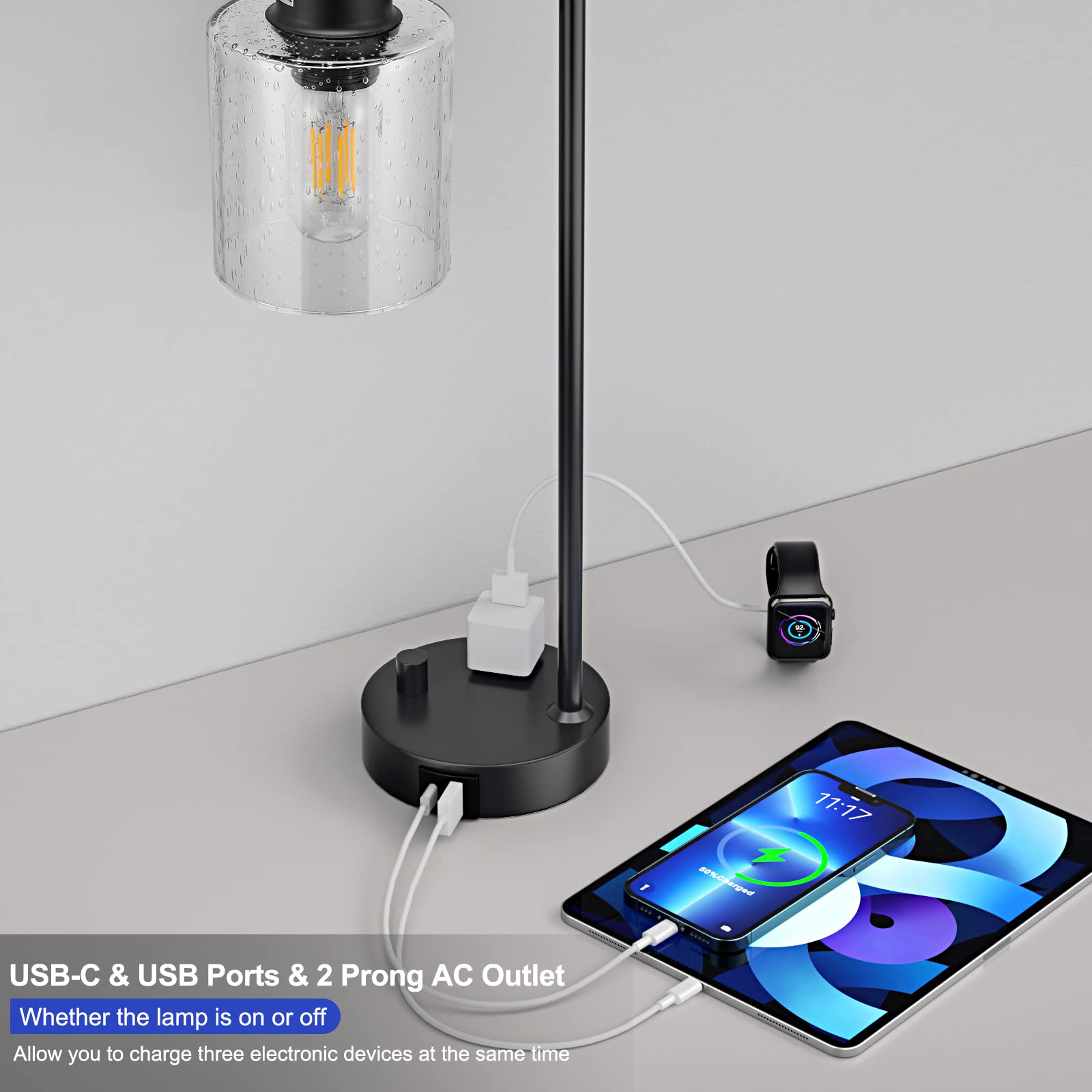 Industrial Bedside Table Lamp For Bedroom - Nightstand Lamps With Usb C Charging Port, Fully Dimmable Black Ports And Outlets, S