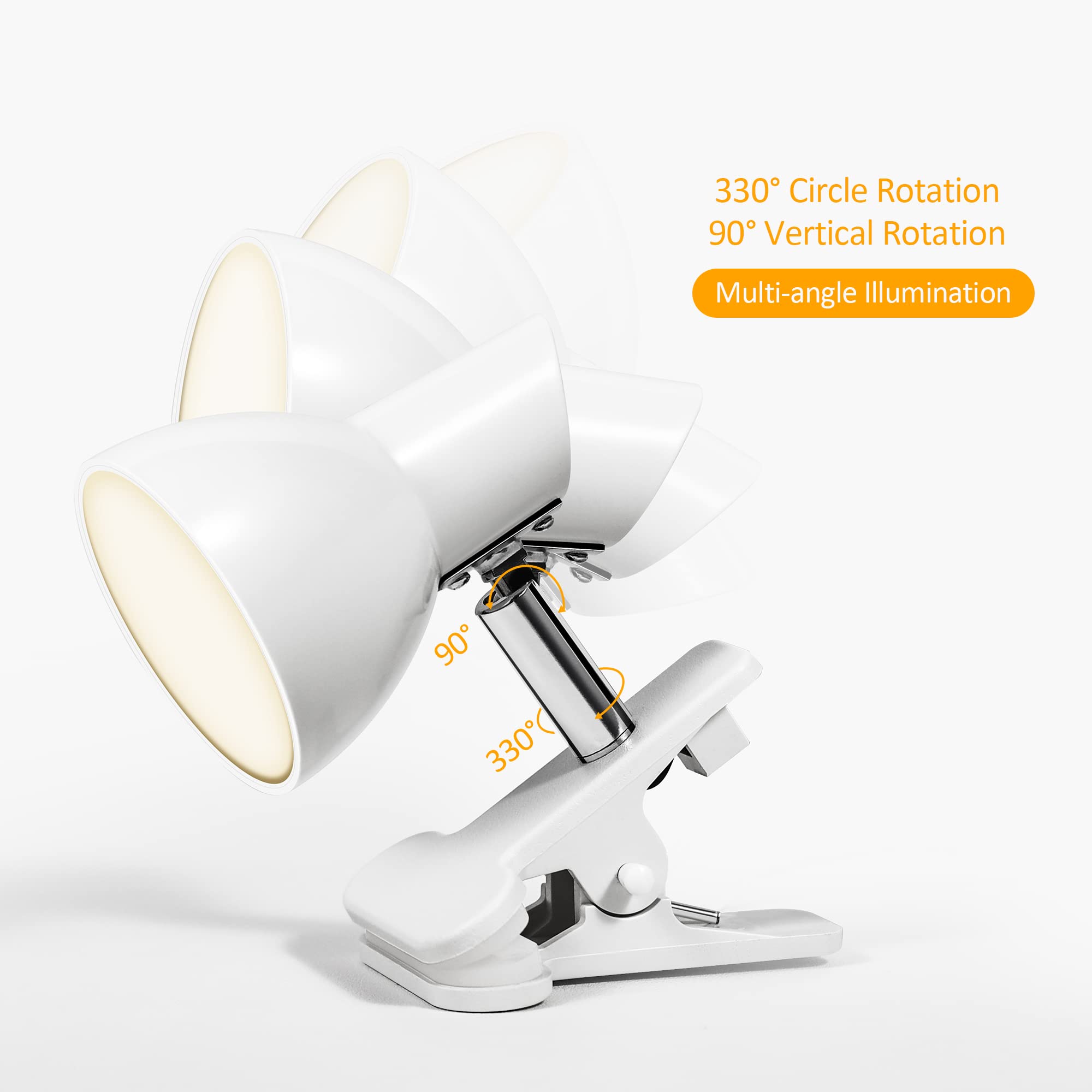 TOPMB LED Clip-On Lamp, 5W Super Bright, 330° Rotation, White, Model HC001, Compact Design for Desk/Table/Bed