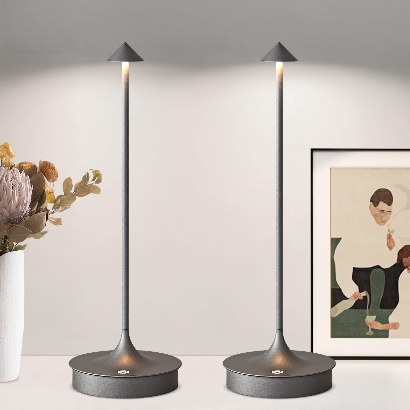 JICAI Cordless Table Lamp Set of 2, Rechargeable 4000mAh LED, Dimmable, Waterproof, Gray, Model ALD9537GY22
