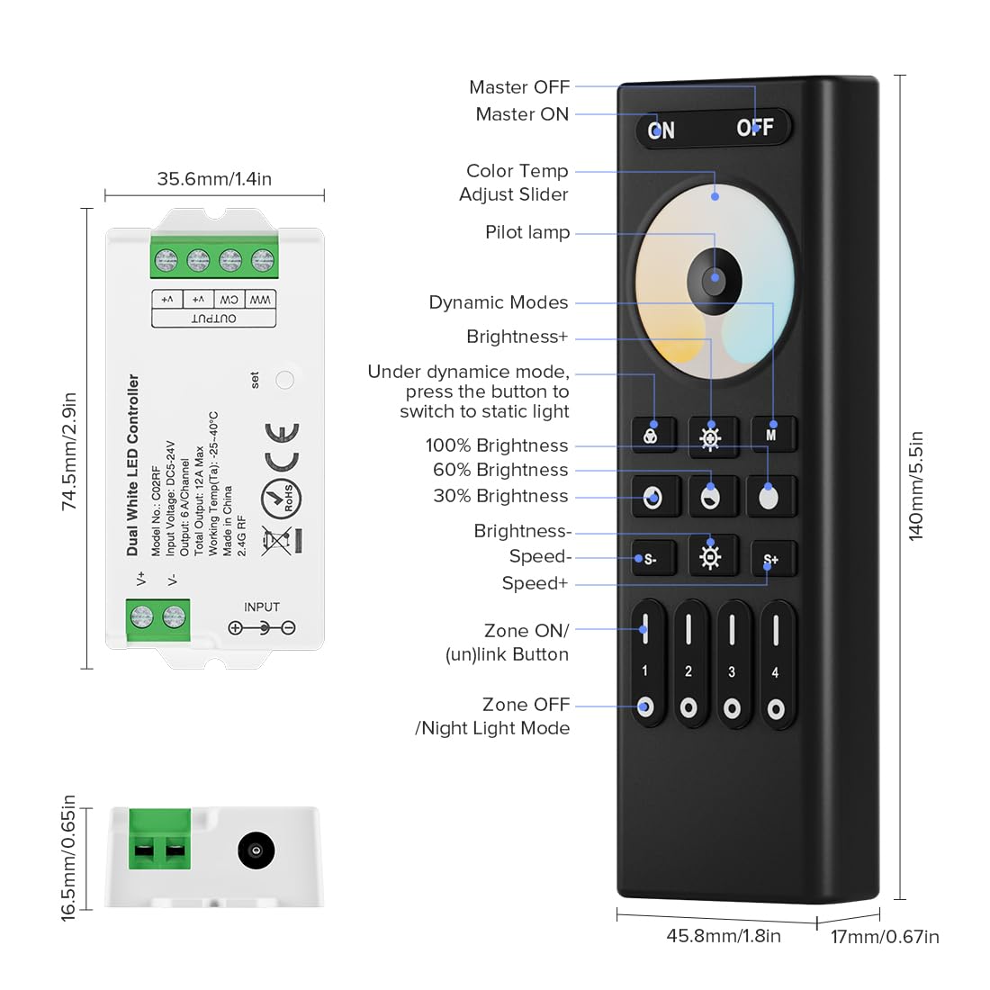 Btf-Lighting Rf 2.4Ghz Wireless Remote Rc02Rfb &3Pcs C02Rf Tuya Controller Kit 4 Zone Group Control Pwm Cct(+ Cw Ww) 3Pin 5050Sm