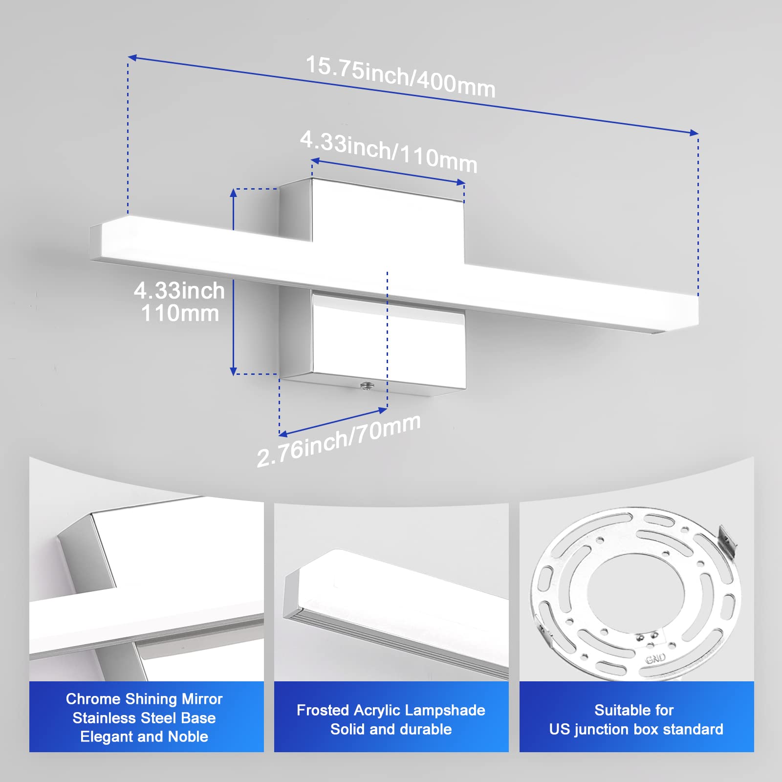 Combuh 16" Led Bathroom Vanity Light Bar, 9W, Ip44, Modern Cool White, Chrome, Set Of 2
