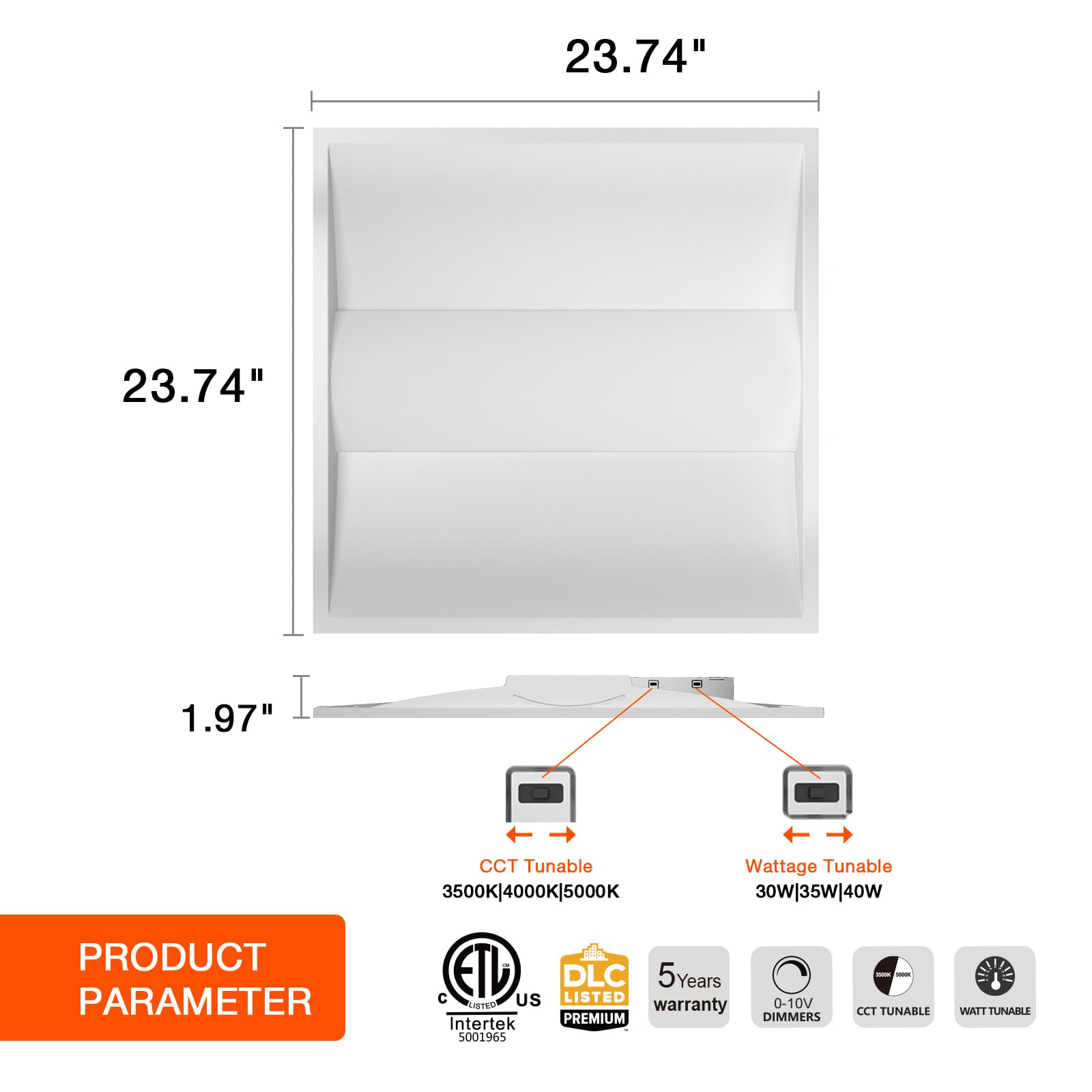 Okq 2X2 Led Troffer Center Basket Panel,Color Tunable 3500K/4000K/5000K, Watt Adjustable, 30W/35W/40W-Up To 6000Lumens,0-10V Dim