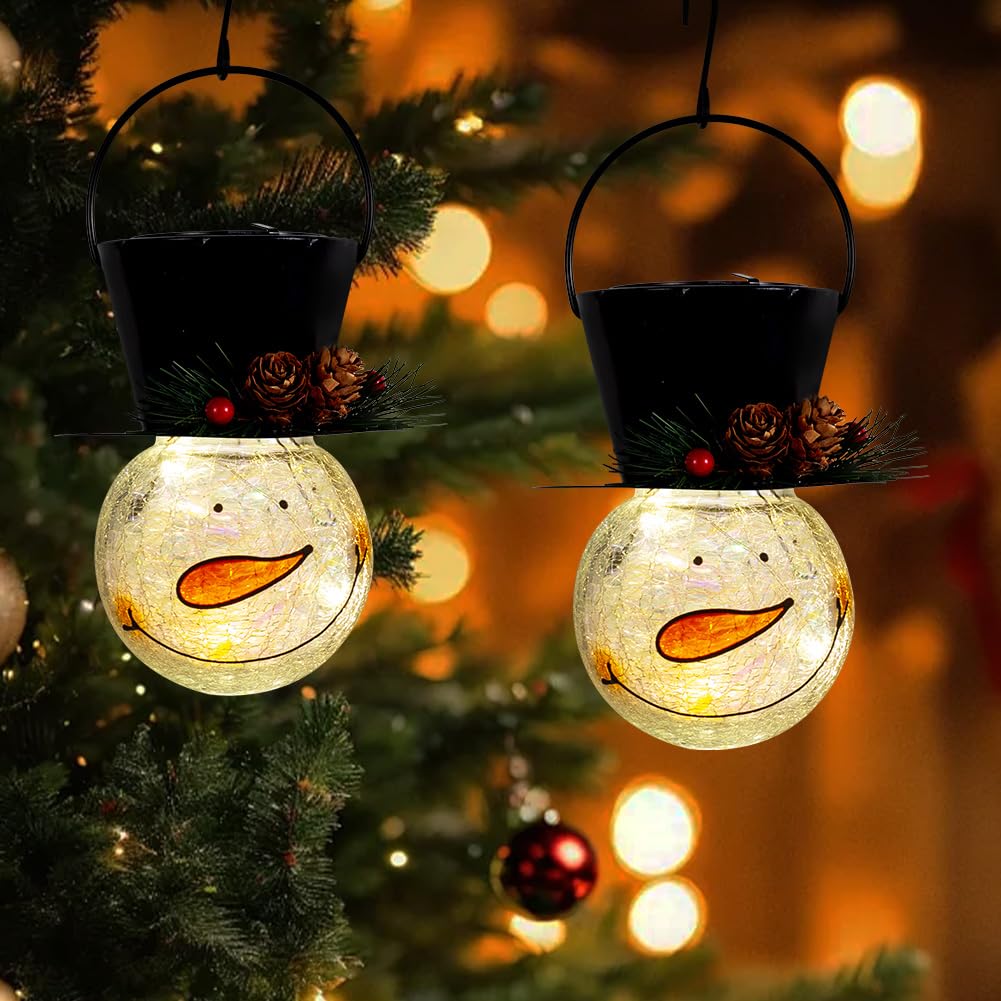 Starsoul Solar Lanterns - 2 Pack Snowman Outdoor Decorations, Waterproof Glass, Pinecone Color for Garden, Patio, Yard, Xmas Holiday Decor