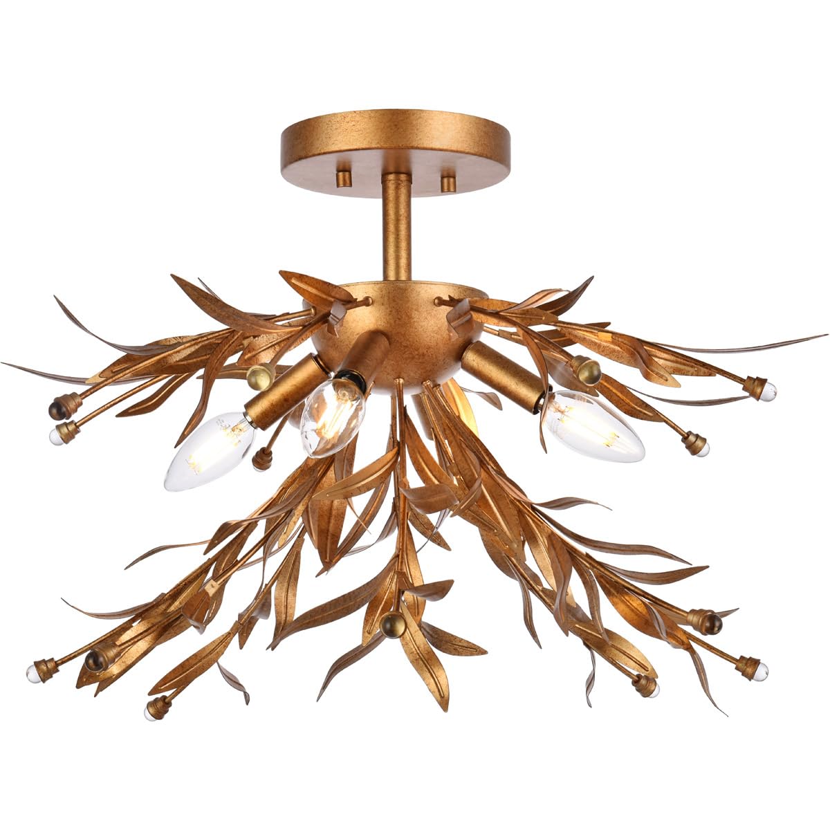 Living District 4-Light Flush Mount Light Fixture, Mid-Century Design, Steel and Crystal, Gold Leaf Finish, Model LD810F19GL