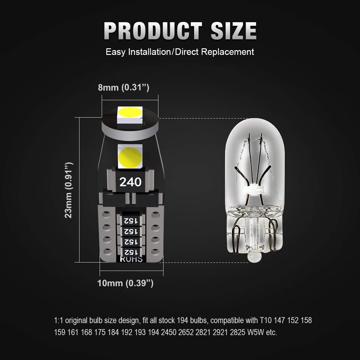 Kafeek Led Bulbs T10 Wedge 194 168 2825 W5W, Super Bright 3-3030 Chipset, Can-Bus Error Free, Xenon White