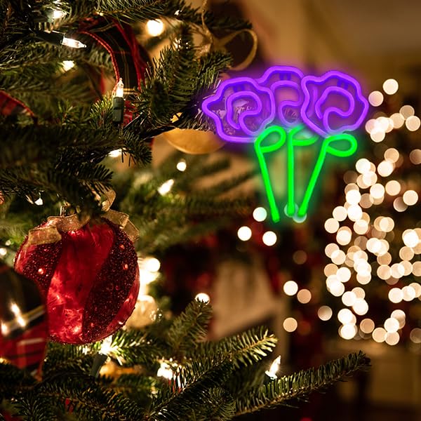 ENUOLI LED Neon Rose Flower Wall Sign, Green Stem, Purple Color, Model nNH.G053PP+GG, Ideal for Bedroom, Party, and Holiday Decor
