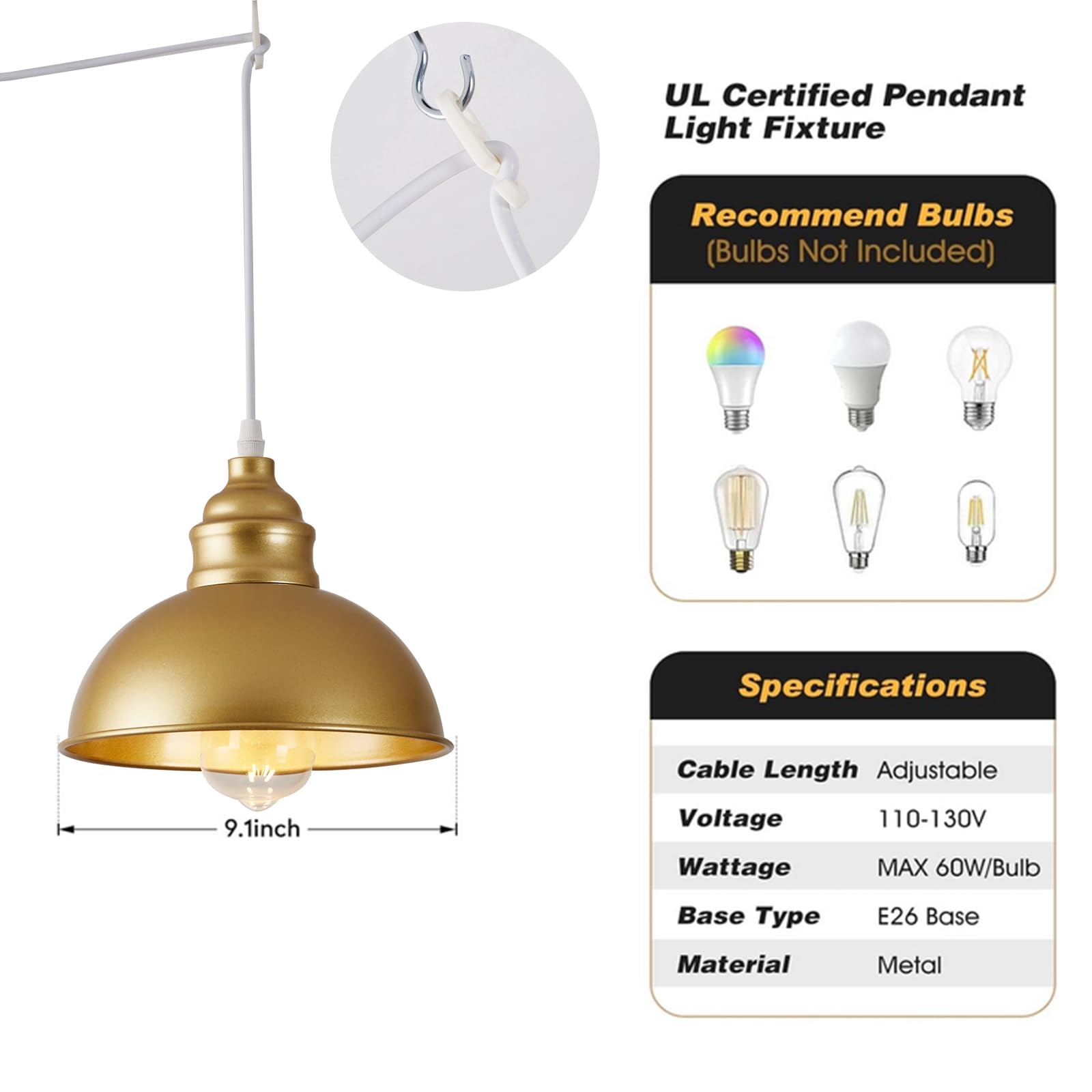 SoodMi Plug-in Pendant Light, 15FT Metal Hanging Lamp with On/Off Switch, Gold, Model PDL-011 for Living Room, Kitchen, Dining Room