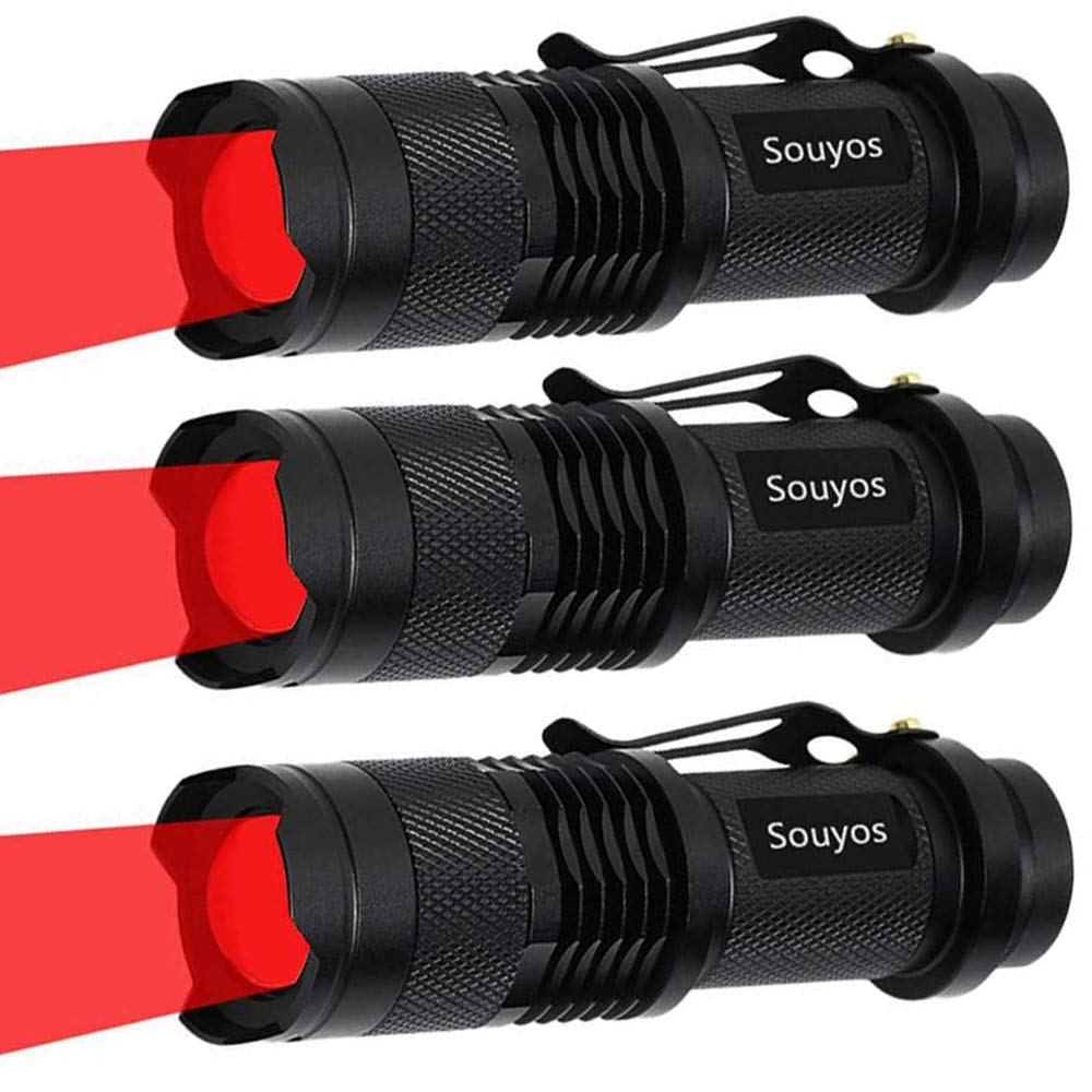 Souyos Green LED Flashlight 3 Pack, Zoomable, 3 Light Modes, Aluminum, Black