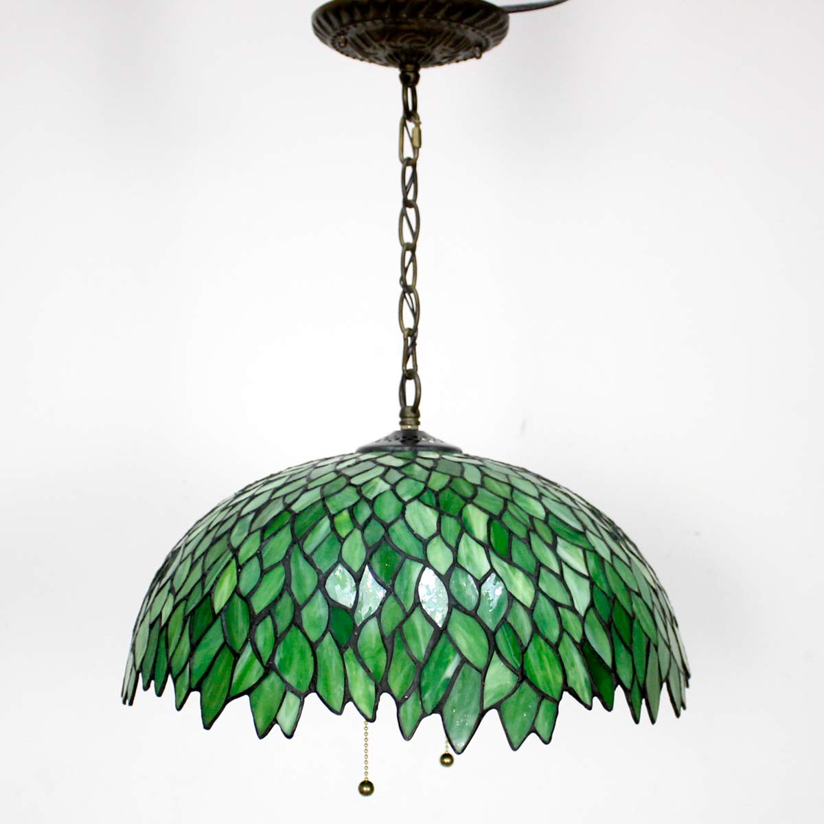Werfactory Tiffany Pendant Light Fixture, 16 Wide, 40 Height, Green Wisteria Stained Glass, Large Hanging Lamp, S523 Series