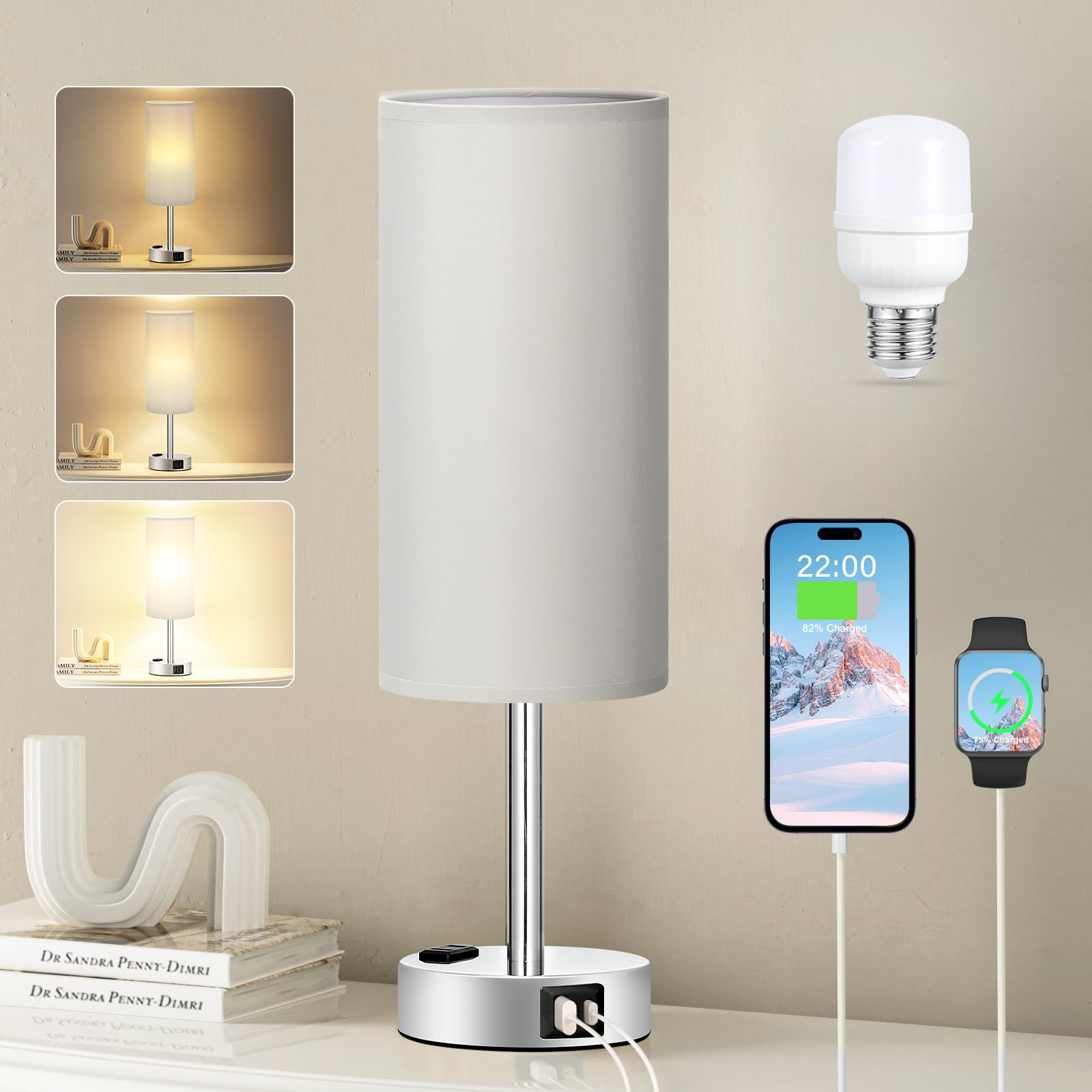 Fenmzee Light Grey Table Lamp for Nightstand - 3 Way Dimmable Touch Bedside Lamp USB C and A Charging Ports and AC Outlet, Small