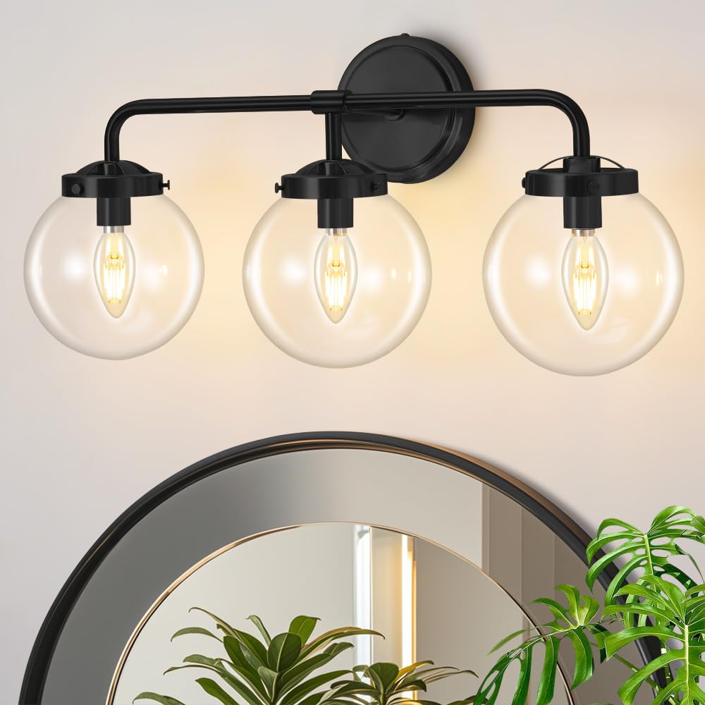 Deyidn Black Bathroom Vanity Light Fixtures Over Mirror, Modern Matte Black 3 Lights Wall Sconce Lighting With Transparent Glass
