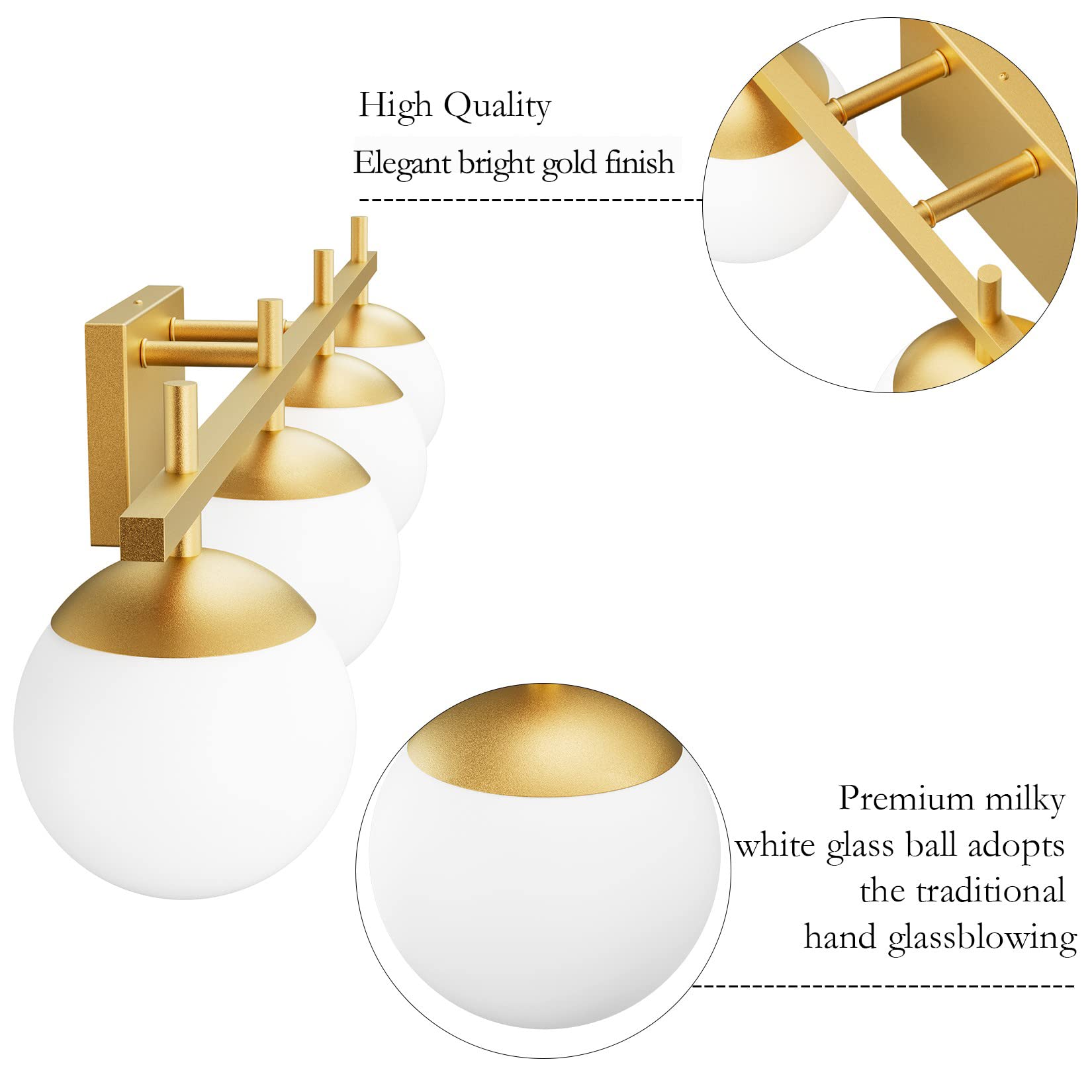 Ralbay 4-Light Gold Bathroom Vanity Lights, Modern Milky Glass, Metal Fixtures Over Mirror, Model 1100