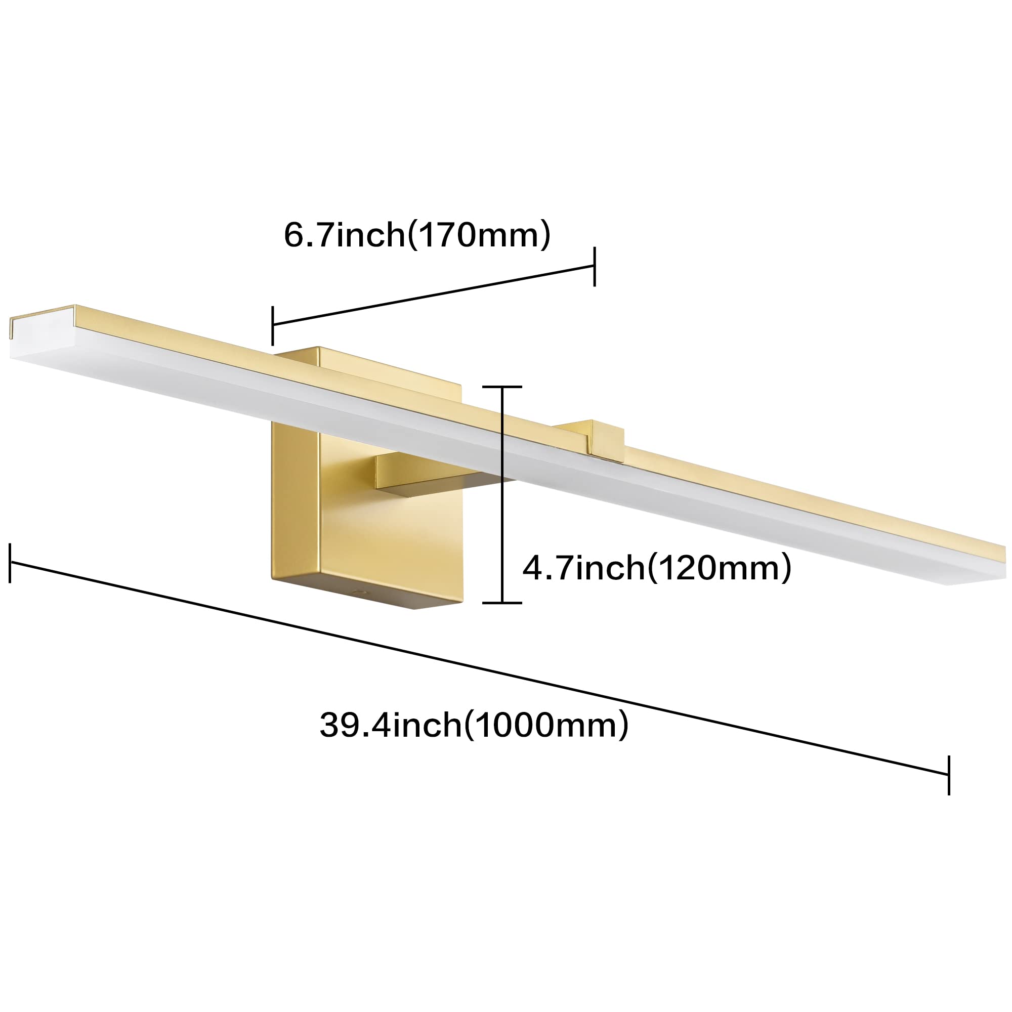 ZUZITO LED Vanity Light - Gold Stainless Steel - 40 Inch Dimmable Bathroom Fixture - Frosted White Acrylic Shade - Model Z9650-1000mm